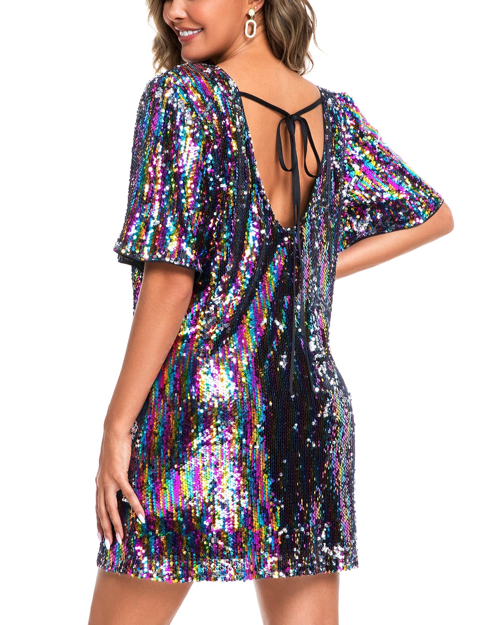 Women's Crew Neck Sequin Dress for Women Sexy V Neck Shirt Dress Sparkly Half Sleeve Loose Party Club Cocktail Dress