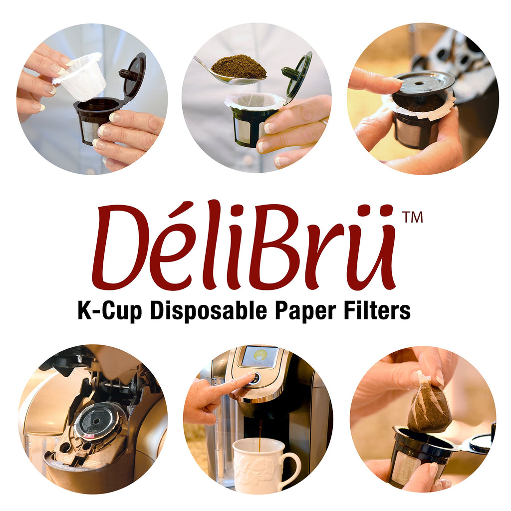 Delibru K Cup Disposable Paper Filters 100 Pack Fits With All Reusable Coffee Pods - Compostable and Disposable Coffee Filters for Keurig Single Cup