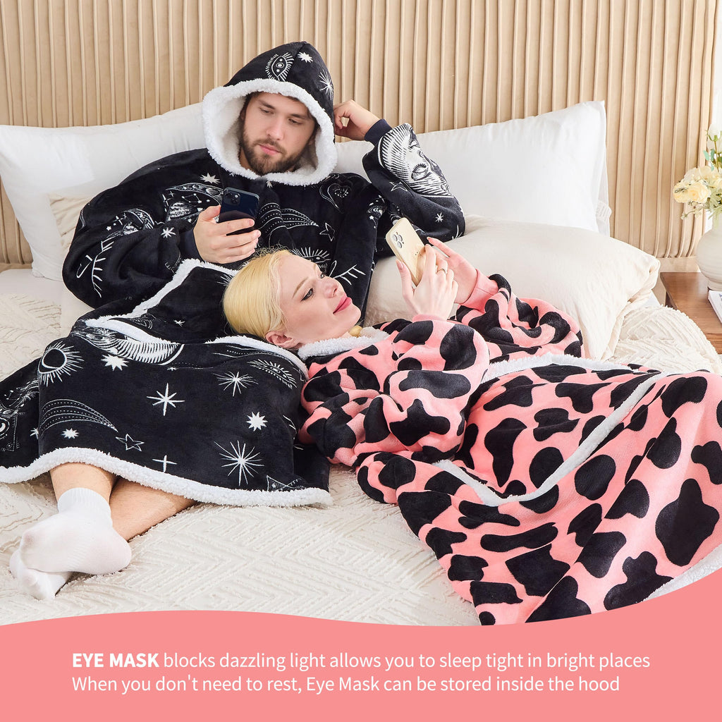 IFNOW Wearable Blanket Hoodie, Oversized Sherpa Fleece Hooded Sweatshirt with Eye Mask, Cozy and Giant Blanket Hoodie with Sleeves Extra Long for Adults Men Women, Black