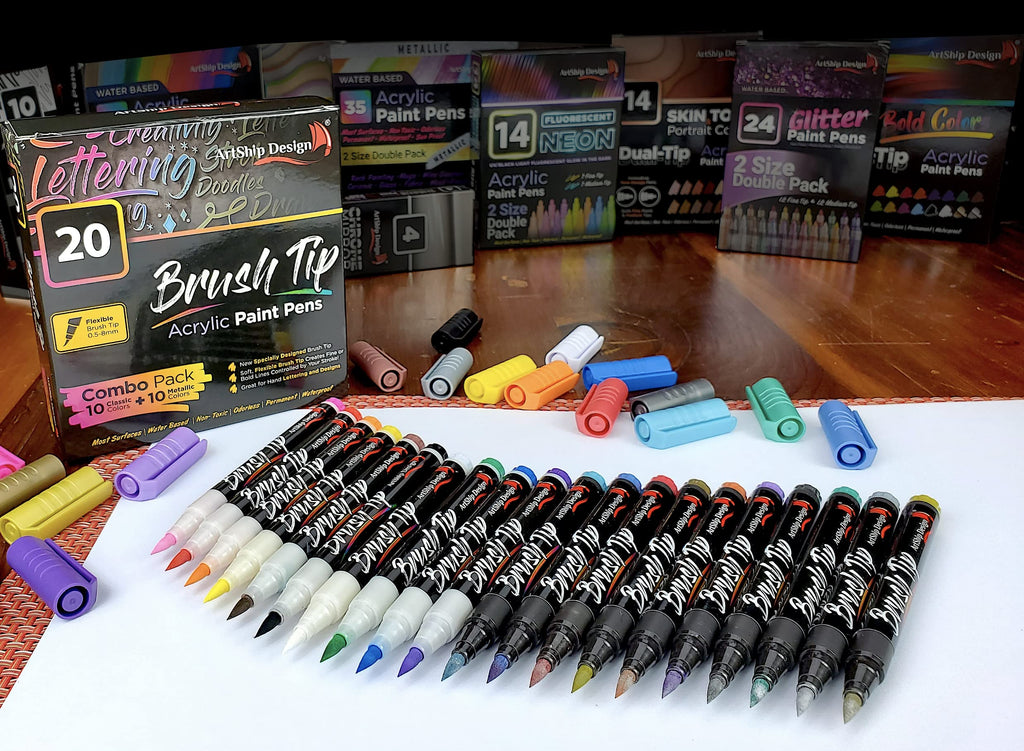 ArtShip Design 10 Black Acrylic Paint Pens, Double Pack of Both Extra Fine and Medium Tip Paint Markers, for Rock Painting, Mug, Ceramic, Glass, and Fabric Painting, Water Based Non-Toxic and No Odor