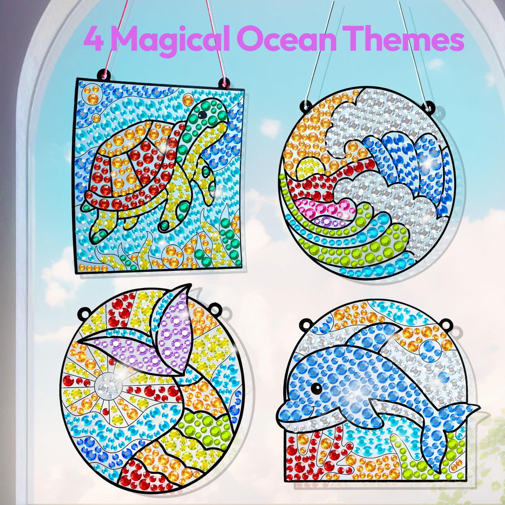 Klever Kits 4PCS Window Art Suncatcher Kits, Fun Gem Painting Kits, Diamond Art and Crafts for Boys Girls, Great Crafts Gift for Kids Birthdays Christmas Ages 6+