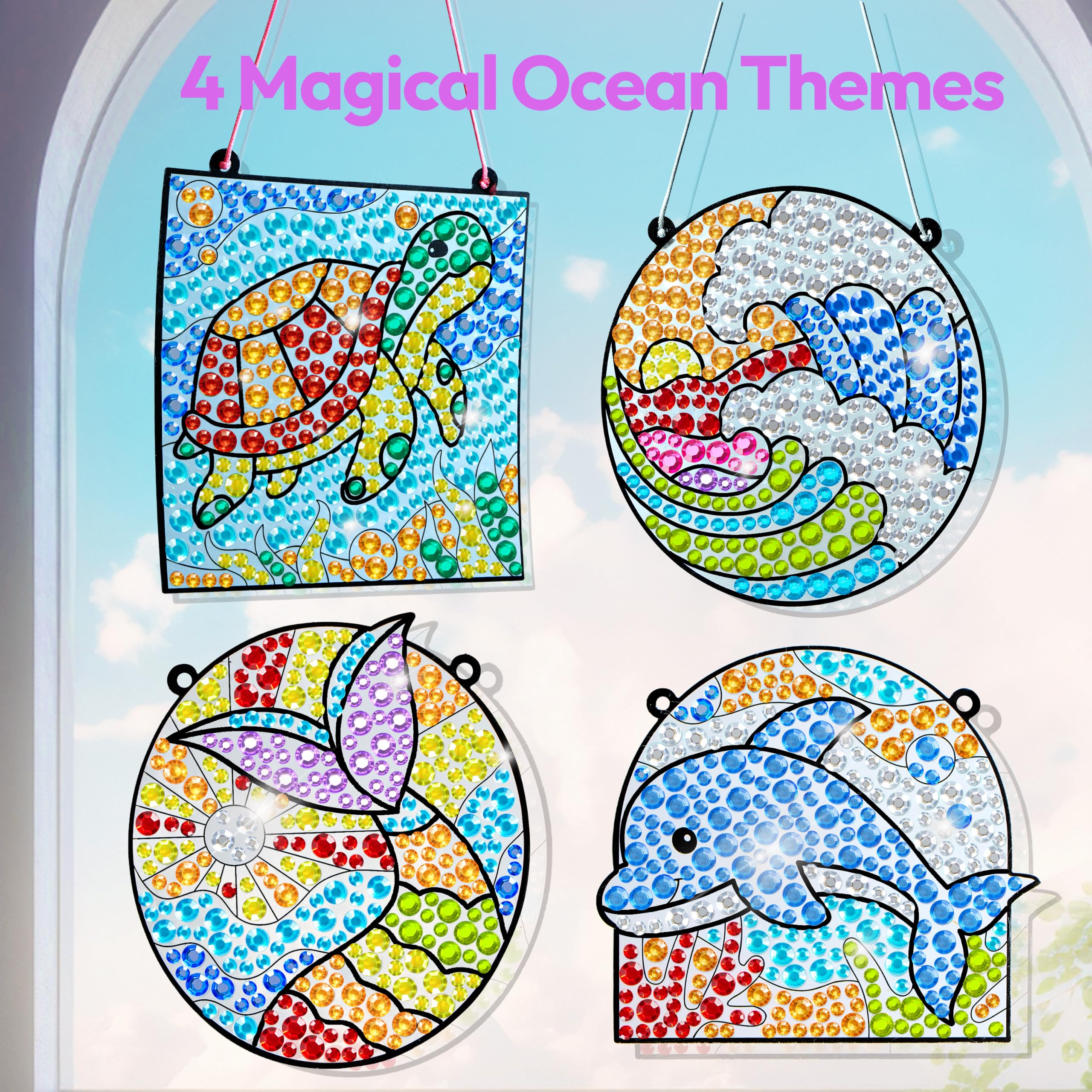 Klever Kits 4PCS Window Art Suncatcher Kits, Fun Gem Painting Kits, Diamond Art and Crafts for Boys Girls, Great Crafts Gift for Kids Birthdays Christmas Ages 6+