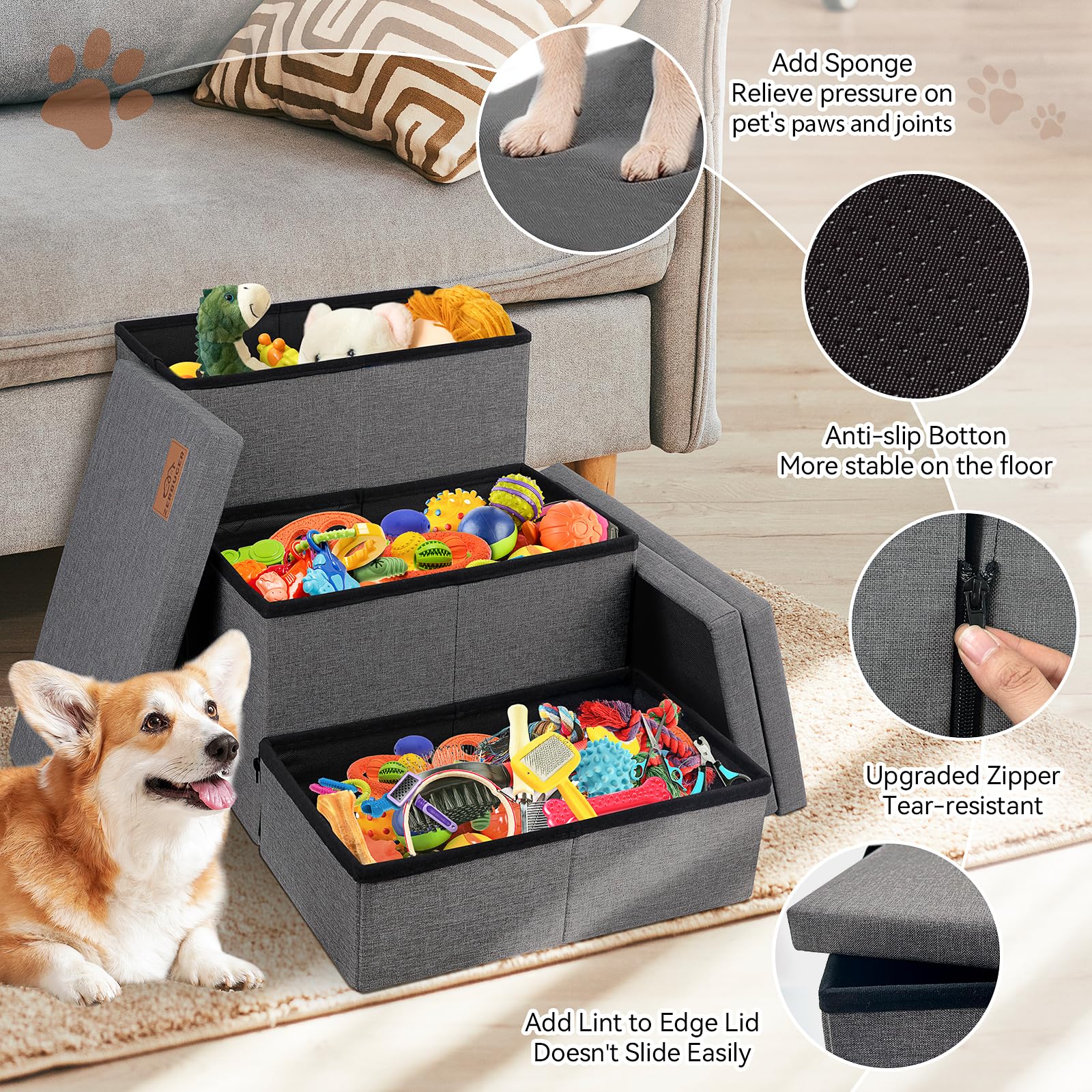 Zerbuger Dog Stairs with Condo 15" H, 2-Step Wider Dog Steps for Small/Medium/Large Old Dogs Cats, Folding Sturdy Storage Pet Stairs Climbing Bed Couch, Ramp for Car Hold Up to 150 lbs, Beige