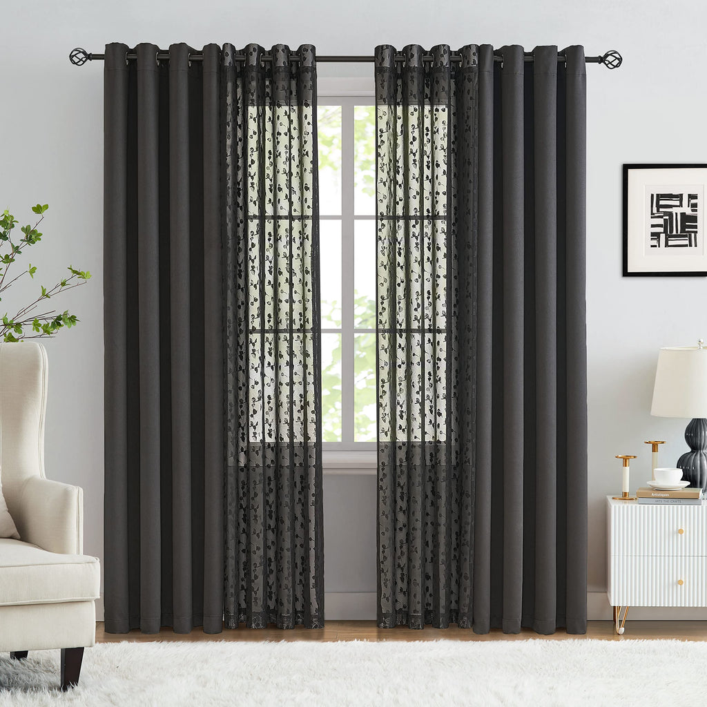 Jubilantex Full Blackout Curtains + Leaf Sheer Window Panels, Beige Mix and Match Style Double Layer Window Treatment Sets for Bedroom Living Room, 4 Panels 52" W x 63" L, Beige and White