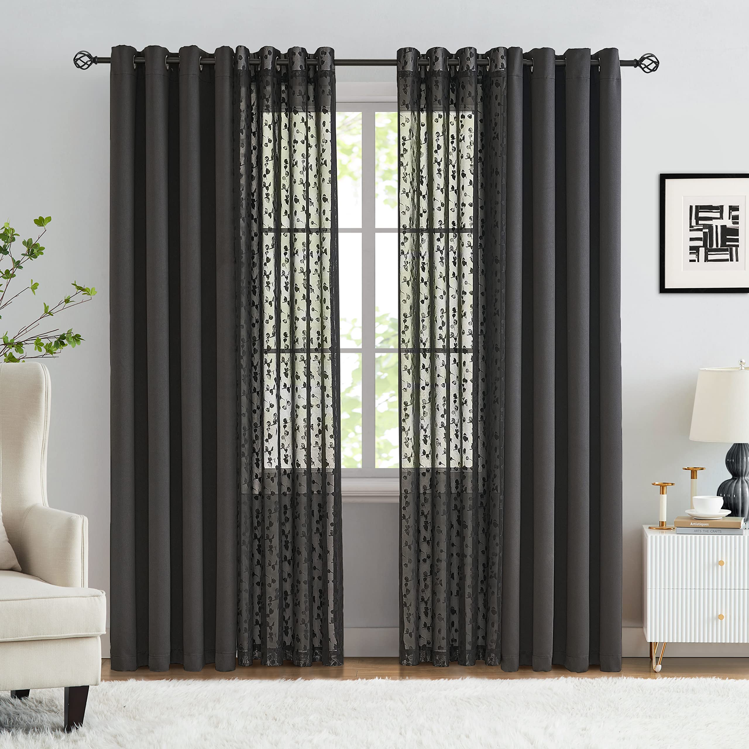 Jubilantex Full Blackout Curtains + Leaf Sheer Window Panels, Beige Mix and Match Style Double Layer Window Treatment Sets for Bedroom Living Room, 4 Panels 52" W x 63" L, Beige and White