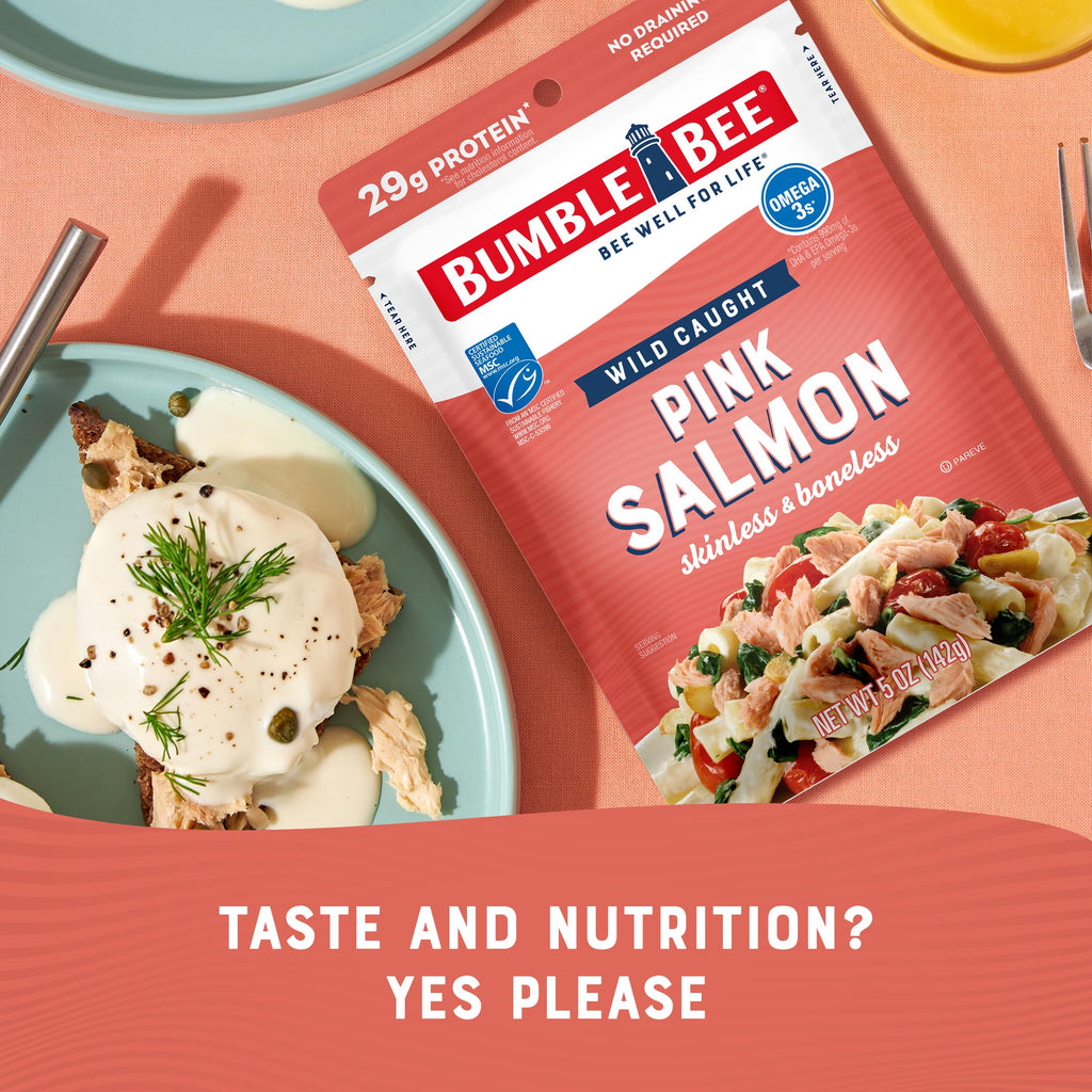 Bumble Bee Skinless & Boneless Pink Salmon, 5 oz Pouch - Premium Wild Caught Salmon for Snacks, Sandwiches & Recipes - 29g Protein per Serving - Gluten Free, Kosher, MSC Certified