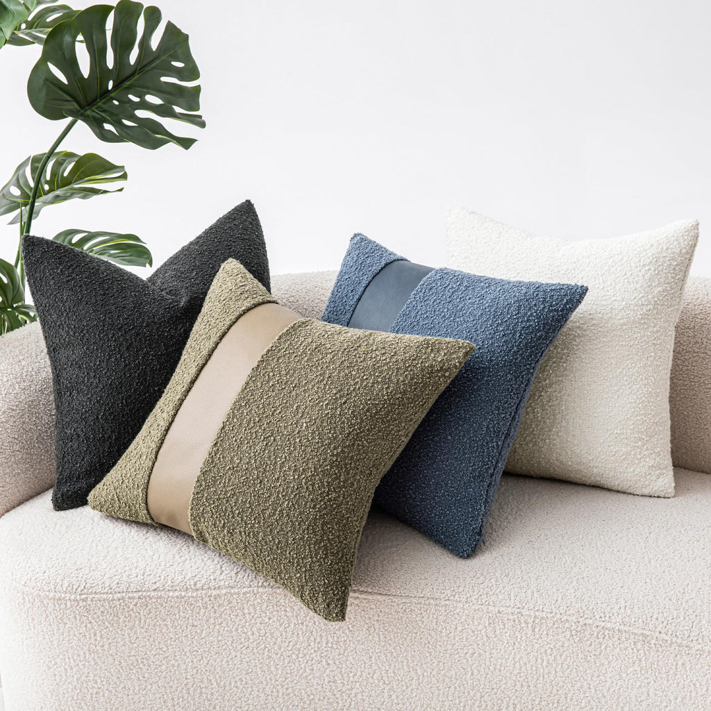 18"x18" Charcoal Black Boucle Throw Pillow Covers with Faux Leather Accents Set of 2 Fluffy Textured Decorative Pillow Cases for Couch Bed Boho Farmhouse Square Cushion Covers for Nordic Home