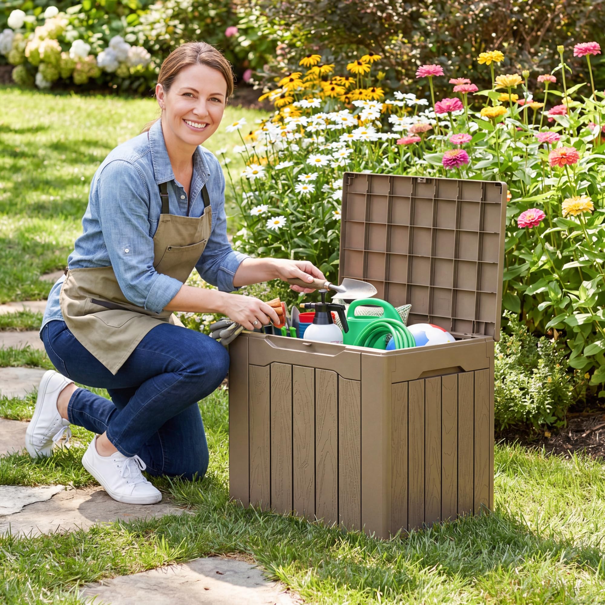 Flamaker Deck Box 30 Gallon, Waterproof Resin Small Storage Box with Lid, Outdoor Patio Furniture Cushion Garden Tool Organizer, Lockable Package Delivery Box for Porch Balcony (Black)