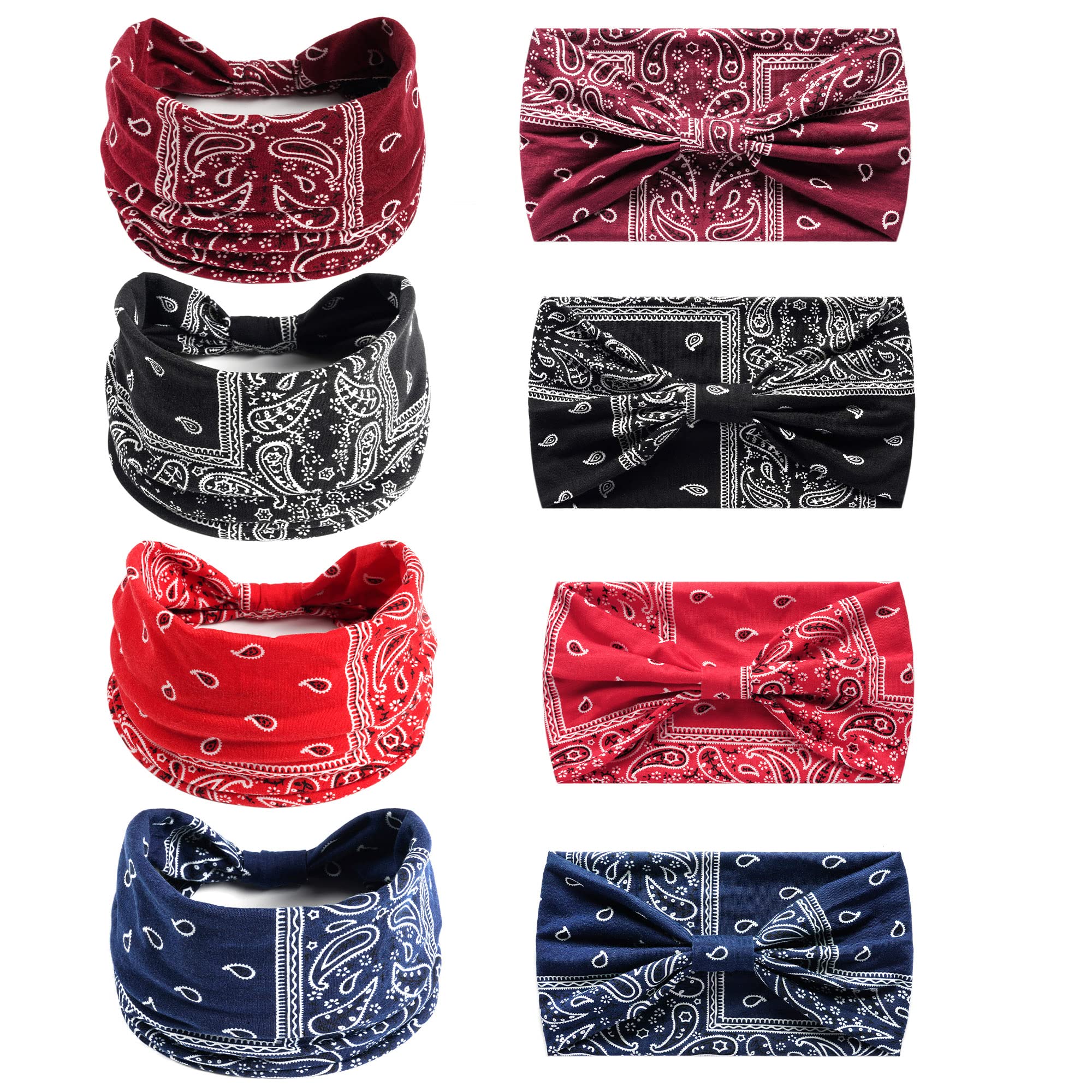 Boho Headbands For Women Fashion Stretch Wide Hair Bands Knoted Turban Head Bands Yoga Running Sweatband Elastic Headband Stylish Wrap Headbands Hair Accessories for Teen Girls 4 Pack