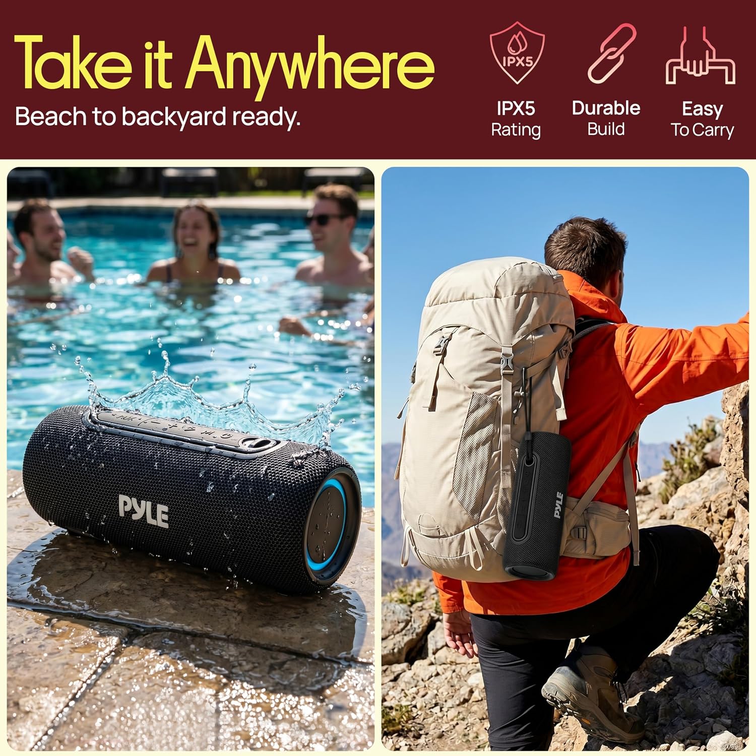 Pyle Portable Bluetooth Speaker - IPX5 Waterproof, Multi-Color LED, TWS Stereo Pairing, USB/AUX/FM, 20W Peak Power, 5H Battery, Built-In Mic, Shockproof ABS Design - Outdoor, Travel, Home - PBTPSP20BK