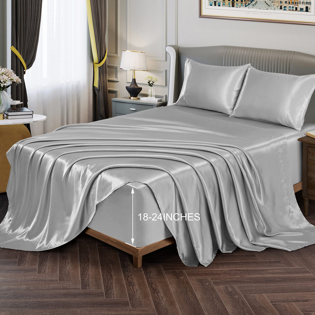 Vonty Extra Deep Pocket Full Sheet Sets - Cooling & Silky Satin Full Size Sheets with 18-24 Inch Deep Pocket, Black Satin Bed Sheets Fit Up to 24" Deep Mattress - 4 Piece Set