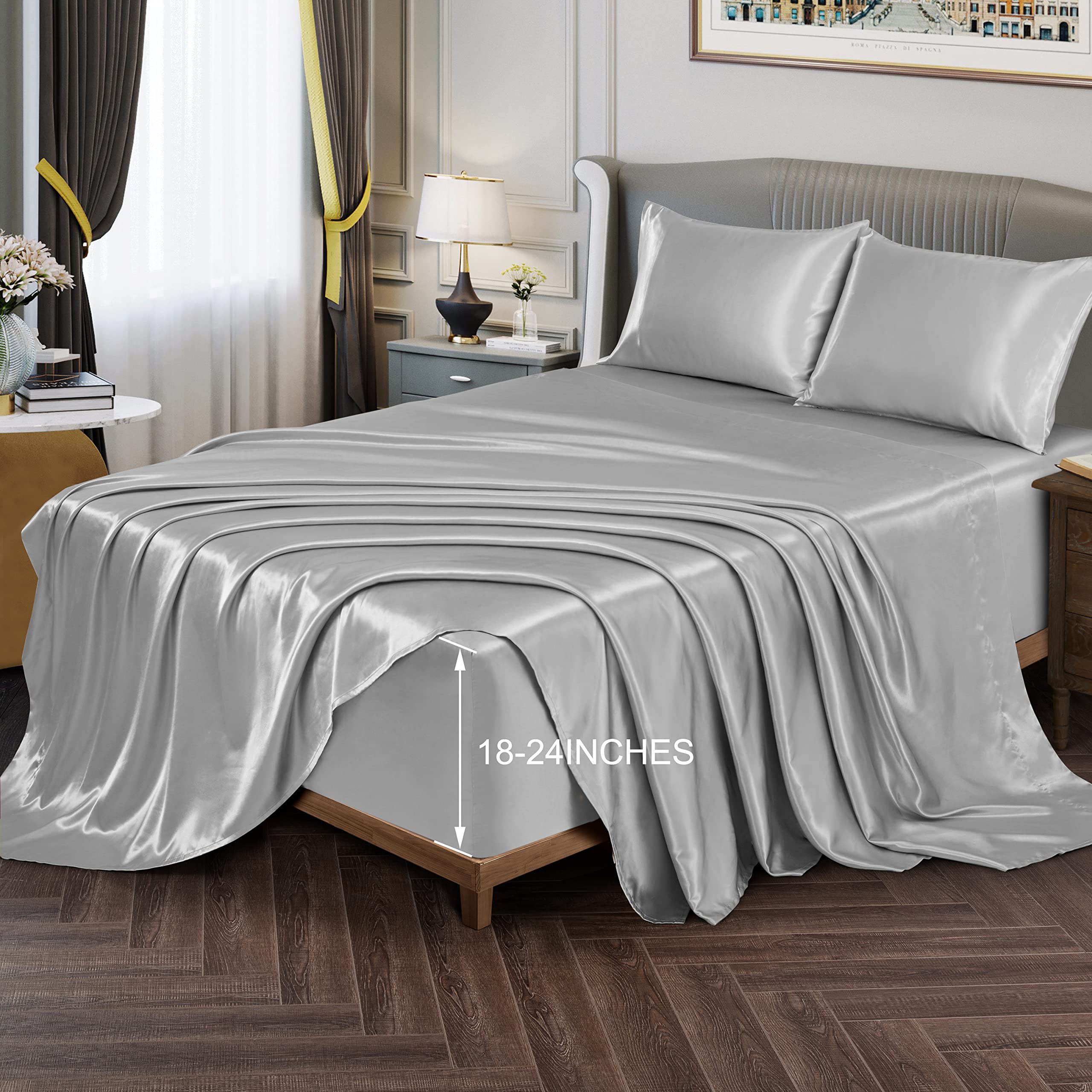 Vonty Extra Deep Pocket Full Sheet Sets - Cooling & Silky Satin Full Size Sheets with 18-24 Inch Deep Pocket, Black Satin Bed Sheets Fit Up to 24" Deep Mattress - 4 Piece Set