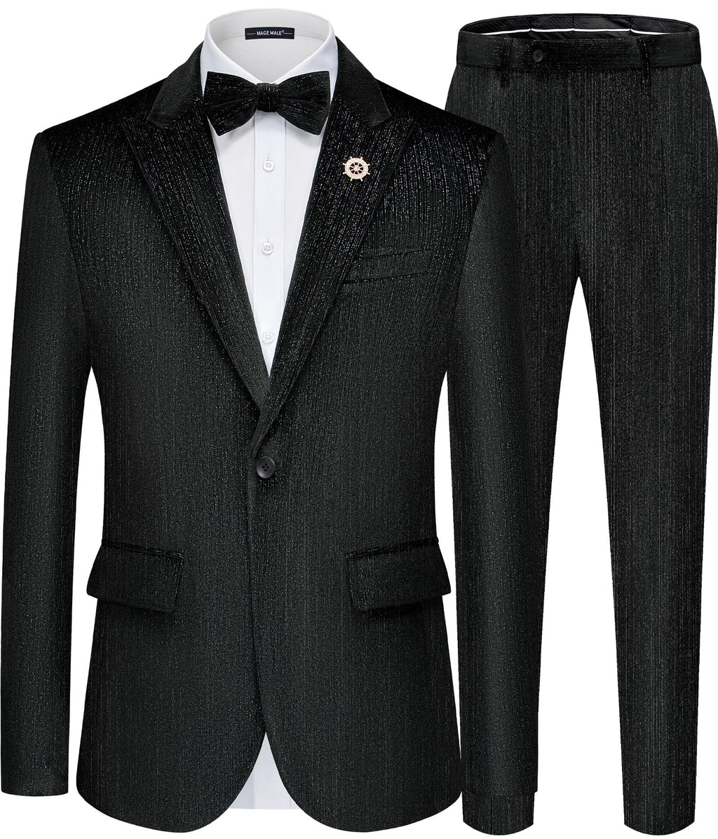 MAGE MALE Mens Suits Velvet Tuxedo Suit Set Slim Fit 2 Piece Luxurious Party Dinner Jacket Pants with Bow Tie
