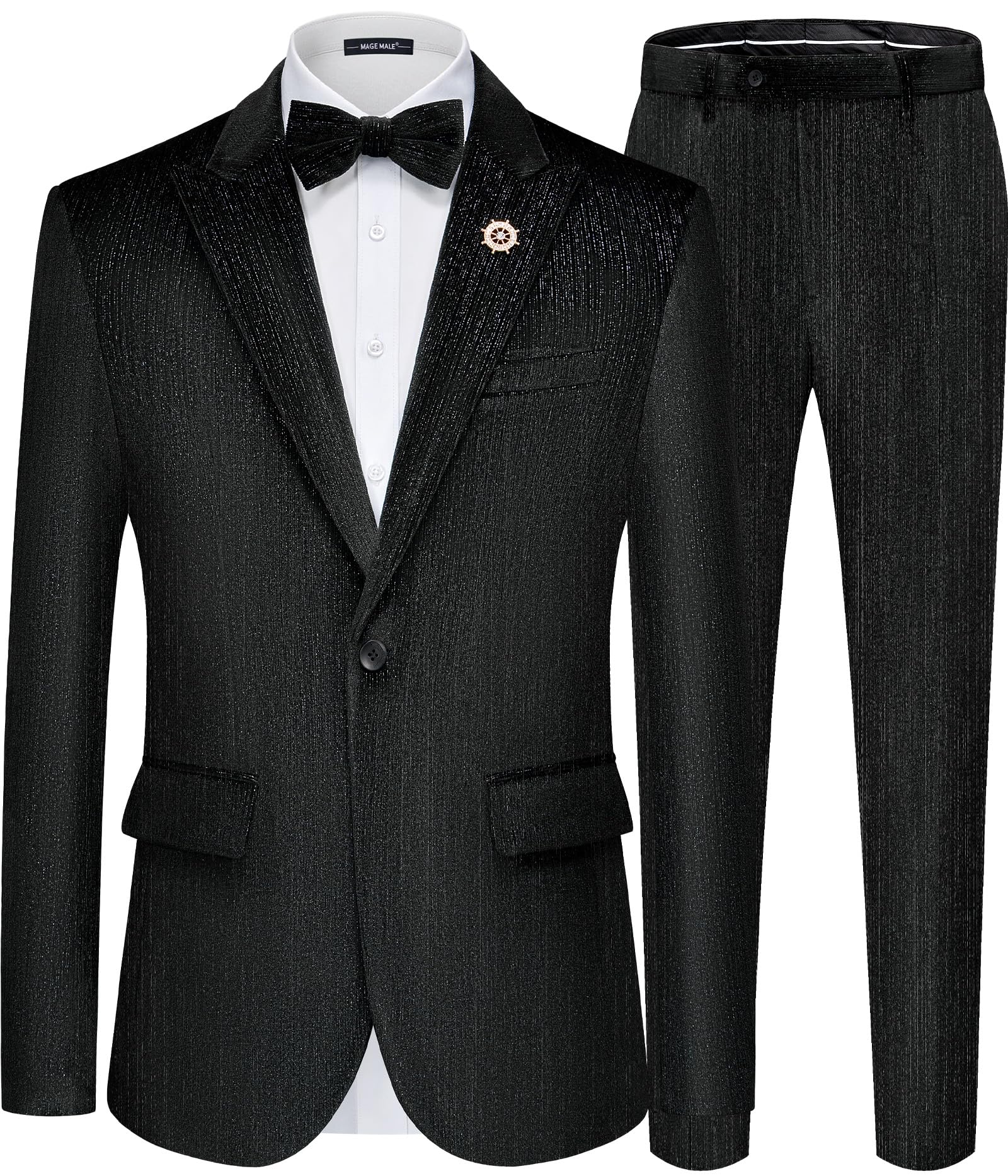 MAGE MALE Mens Suits Velvet Tuxedo Suit Set Slim Fit 2 Piece Luxurious Party Dinner Jacket Pants with Bow Tie