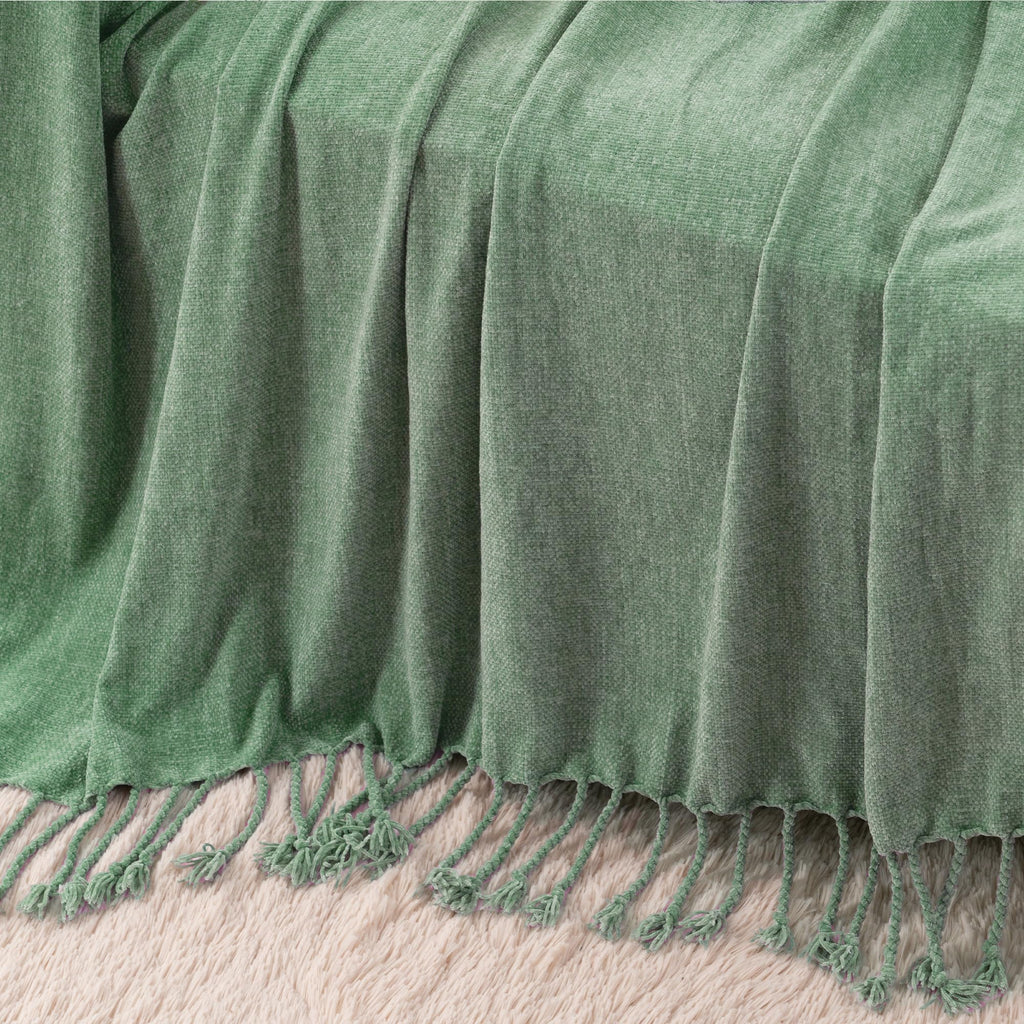 BATTILO HOME Beige Chenille Throw Blanket for Couch, Soft Cozy Textured Knit Throw Blanket with Handmade Fringe Tassels, Lightweight Decorative Farmhouse Blanket for Sofa Bed Chair, 50"x60"