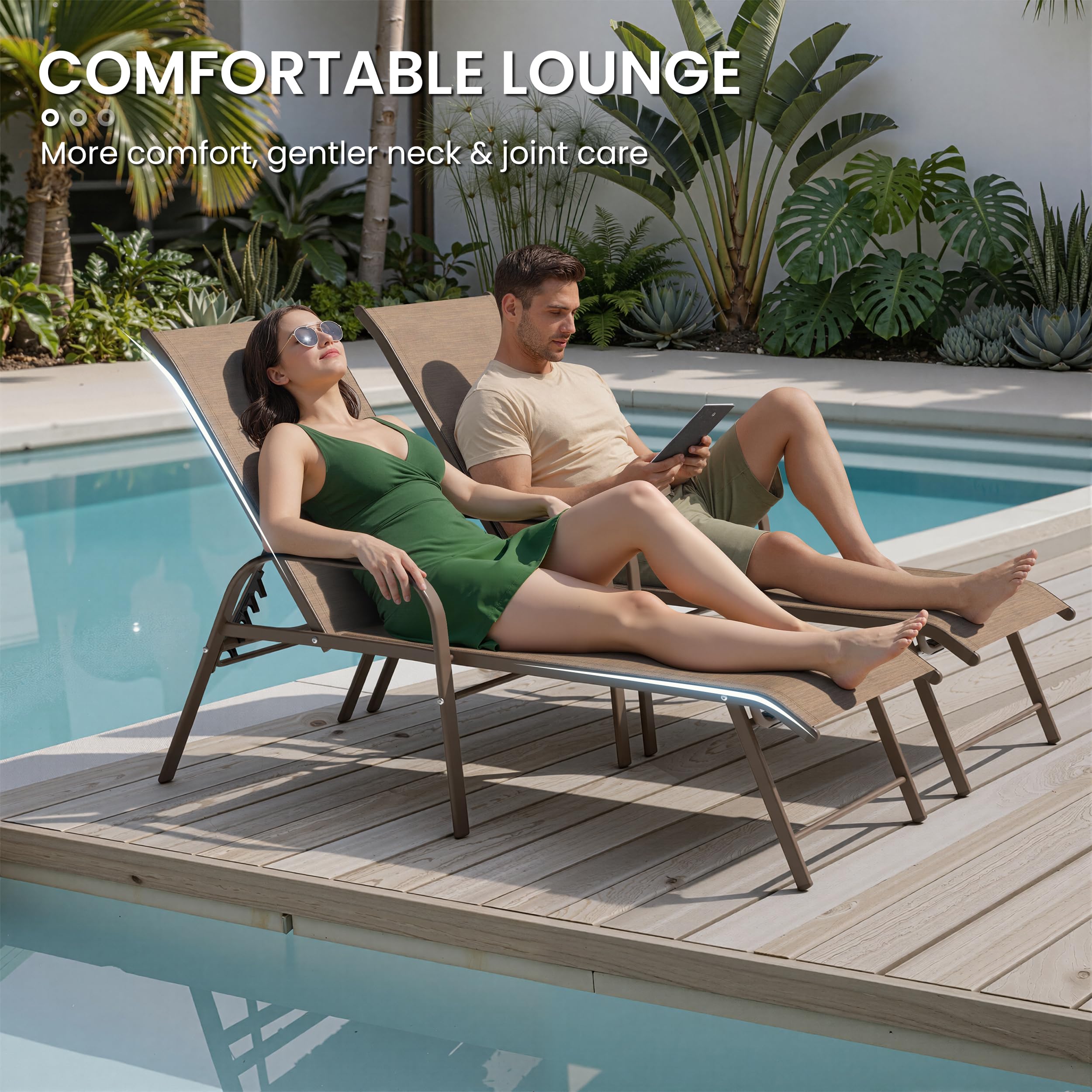 Crestlive Products Chaise Lounge Chair Outdoor with Armrests, Pool Lounge Chairs Set of 2, Aluminum Adjustable 5 Positions Sun Tanning Lounger for Patio, Poolside, Yard, Deck, Backyard (Beige)