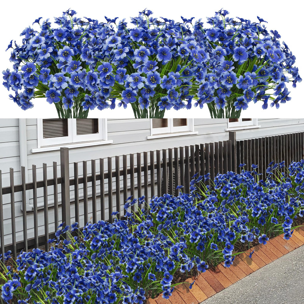 LikSoor 21 Bundles Artificial Outdoor UV Resistant Flowers No Fade Fake Outside Flowers Plastic Greenery Faux Shrubs Garden Porch Window Box Home Decoration(Blue)