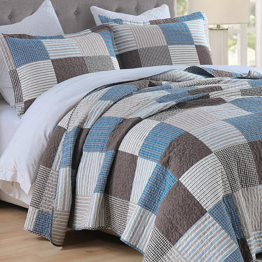 Y-PLWOMEN 100% Cotton Farmhouse Plaid Lightweight 3-Pieces Quilt Set (Blue Brown, Queen90 * 98 Inch)