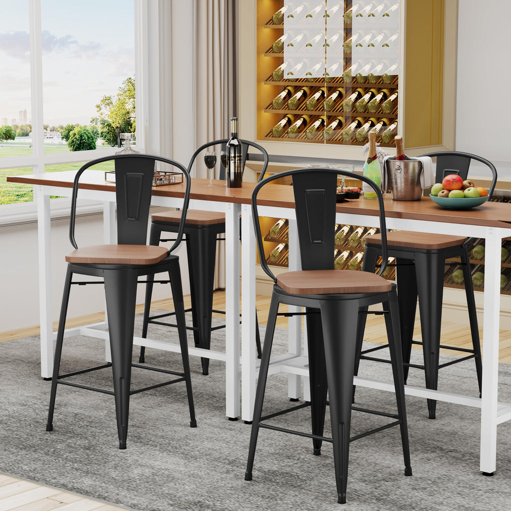 Alunaune 24" Swivel Metal Bar Stools Set of 4 High Back Counter Height Barstools Industrial Dining Bar Chairs with Large Wooden Seat-Matte Black