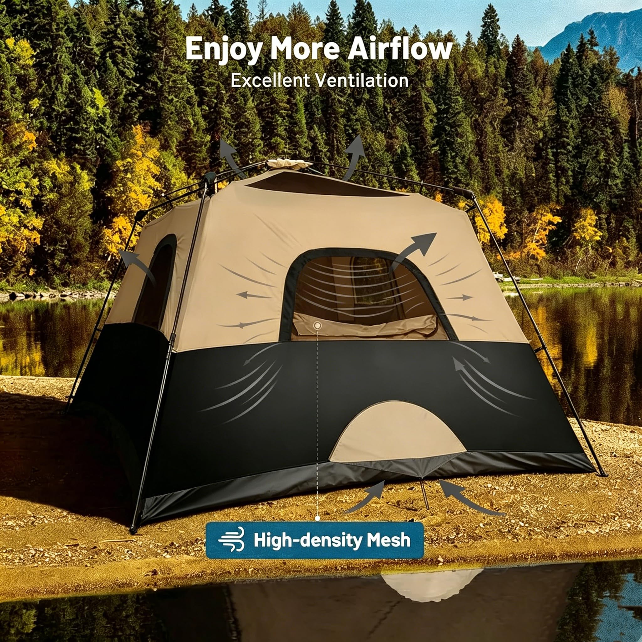 3/4 Person Camping Tent with 1 Door, 4 Windows, and Upgraded Ventilation– Instant Setup, Waterproof, 8'x 8'x 67''Oxford Fabric Floor Pop Up in 60 Seconds Includes Rainfly and Backpack