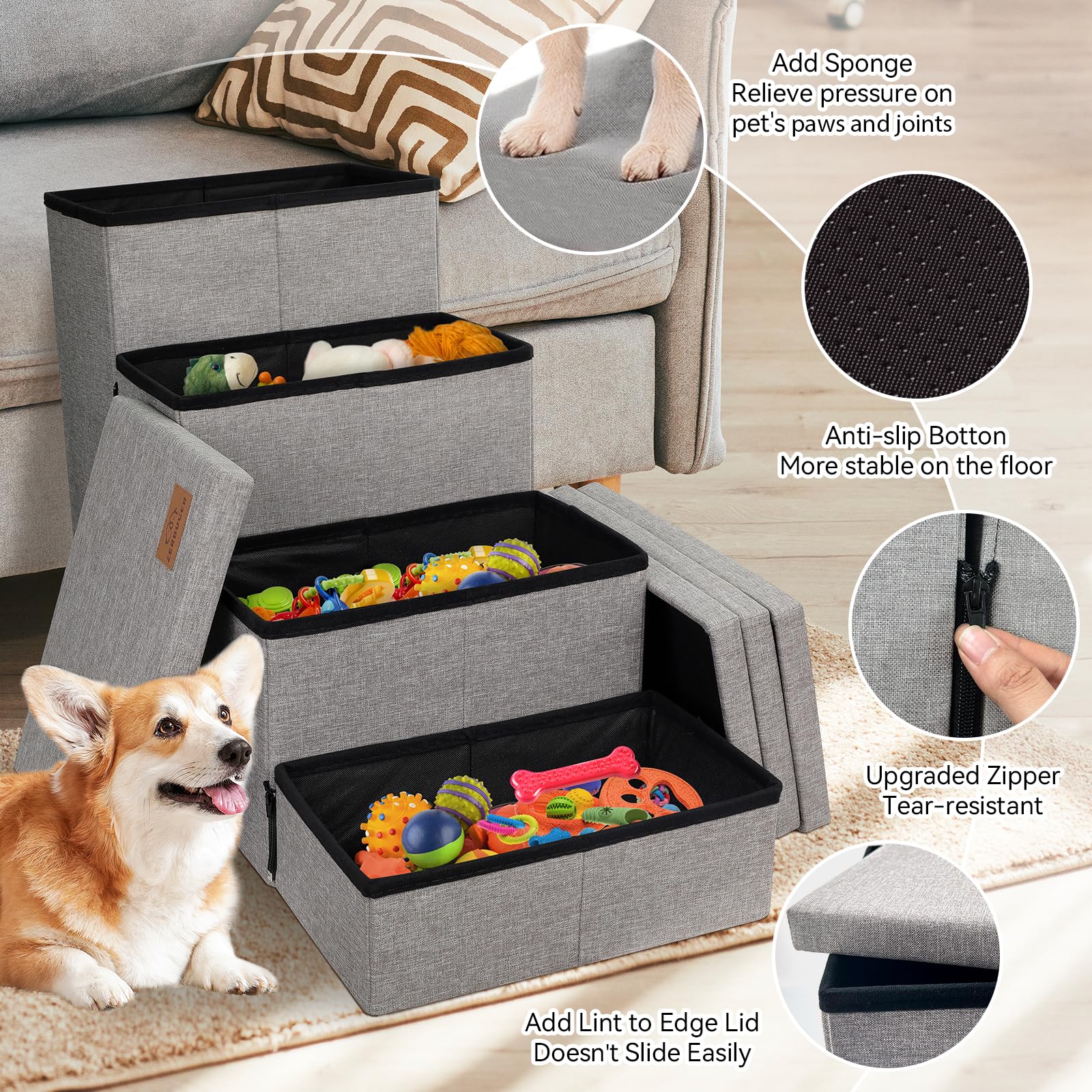 Zerbuger Dog Stairs with Condo 15" H, 2-Step Wider Dog Steps for Small/Medium/Large Old Dogs Cats, Folding Sturdy Storage Pet Stairs Climbing Bed Couch, Ramp for Car Hold Up to 150 lbs, Beige