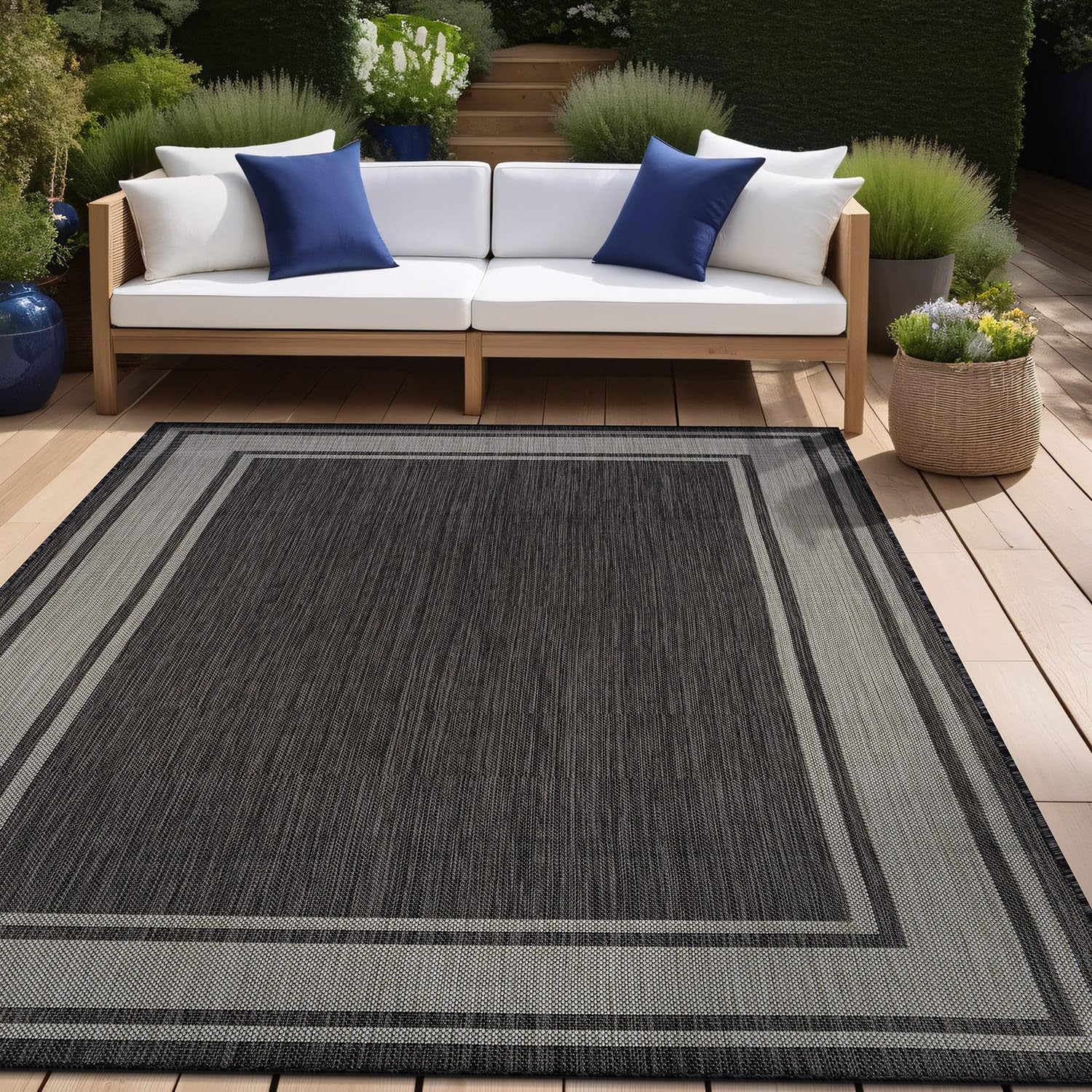 Beverly Rug Outdoor Rug 5x7 Modern Bordered Area Rugs for Indoor and Outdoor Patio Deck Porch Garden Waterproof Weather Sun Resistant Washable Outside Carpet (5 x 7 Beige)