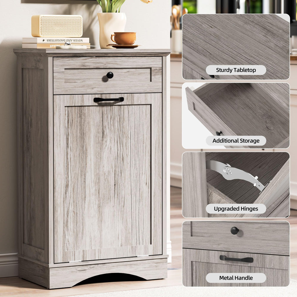 AHB Double Tilt Out Trash Can Cabinet Freestanding Kitchen Trash Can, 2x13 Gallons Hidden Garbage Recycling Cabinet with Hideaway Drawers Pet Proof Trash Can Holder for Kitchen, Antique White
