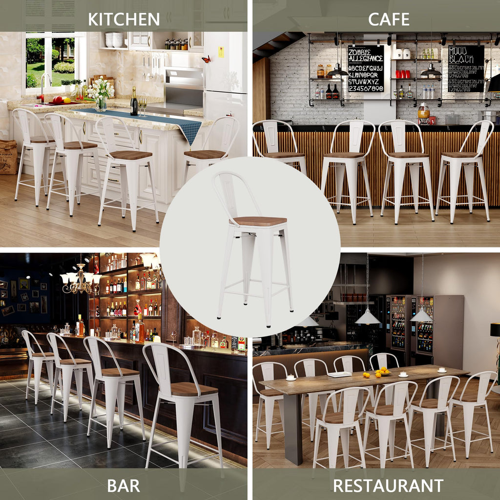 Barstools Set of 4 Counter Height Bar Stools for Kitchen Island Farmhouse Metal High Back Bar Chairs Wooden Seat 24" Matte Black