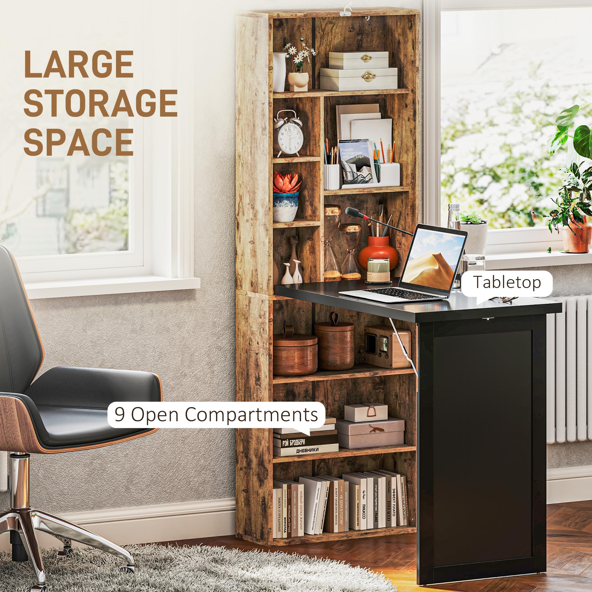 HOMCOM Foldable Convertible Writing Table, Wall Mounted Space-Saving Computer Desk with Chalkboard and Storage Shelves for Small Spaces, Home Office, Bedroom, Dorm, Apartment, Black