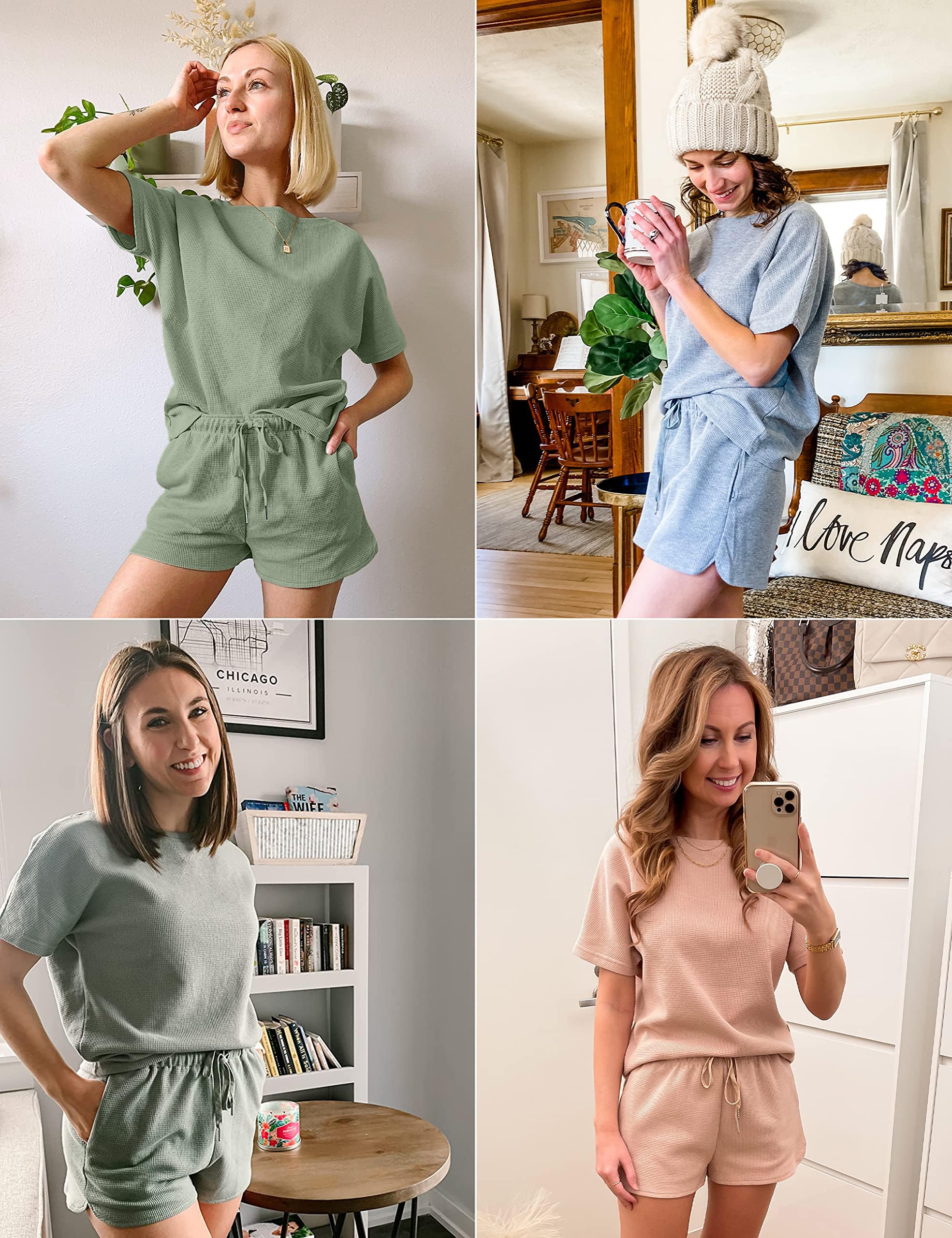 MEROKEETY Women's Short Sleeve Waffle Pajama Sets Lounge Top and Shorts 2 Piece Tracksuit Outfits