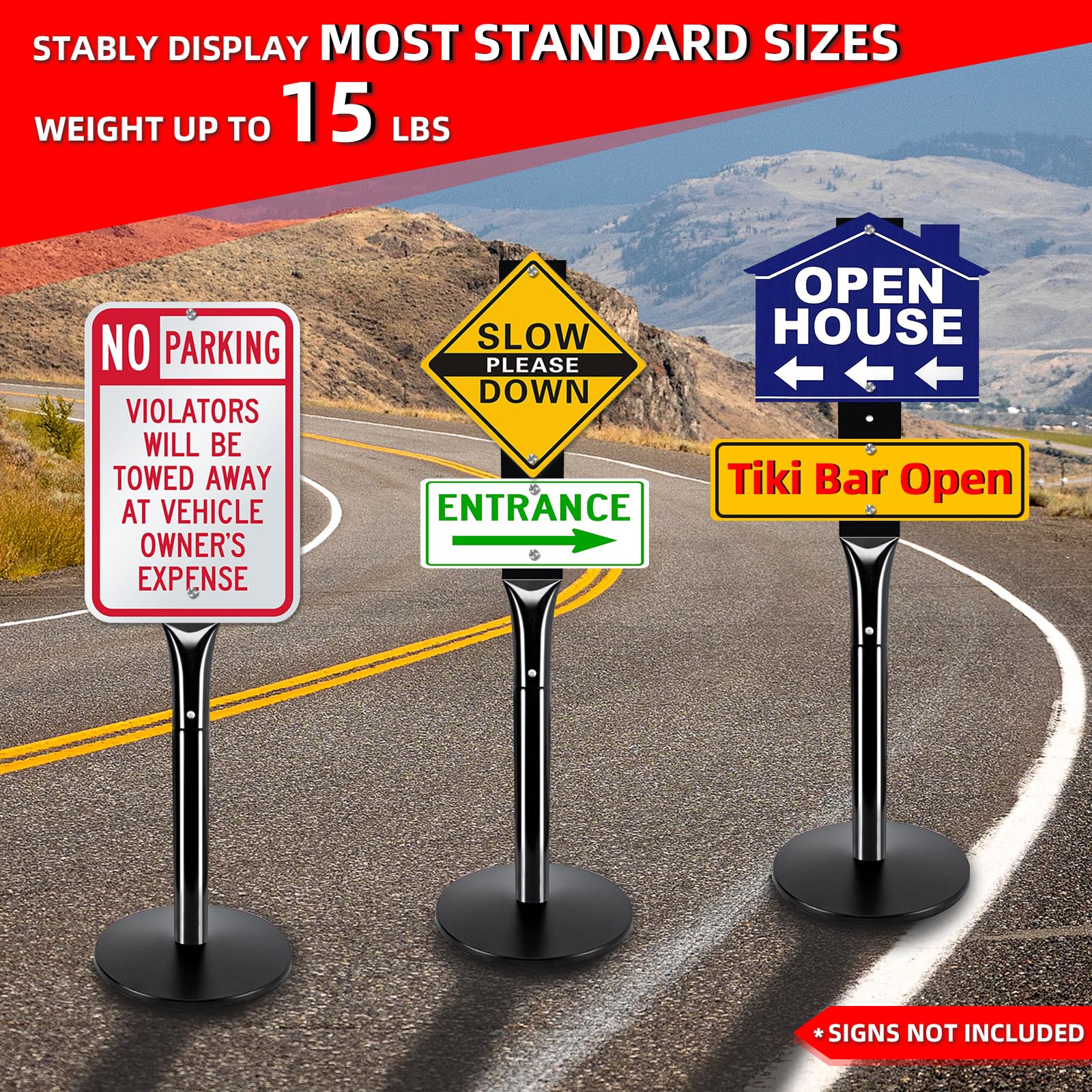 Heavy Duty Parking Sign Base Cast Iron 48" Parking Sign Post, Heavy Duty Cast Iron Sign Holder Base, Movable Sign Stand Suitable for Hanging Warning, Notice, Guiding Sign Display Stand (Black)