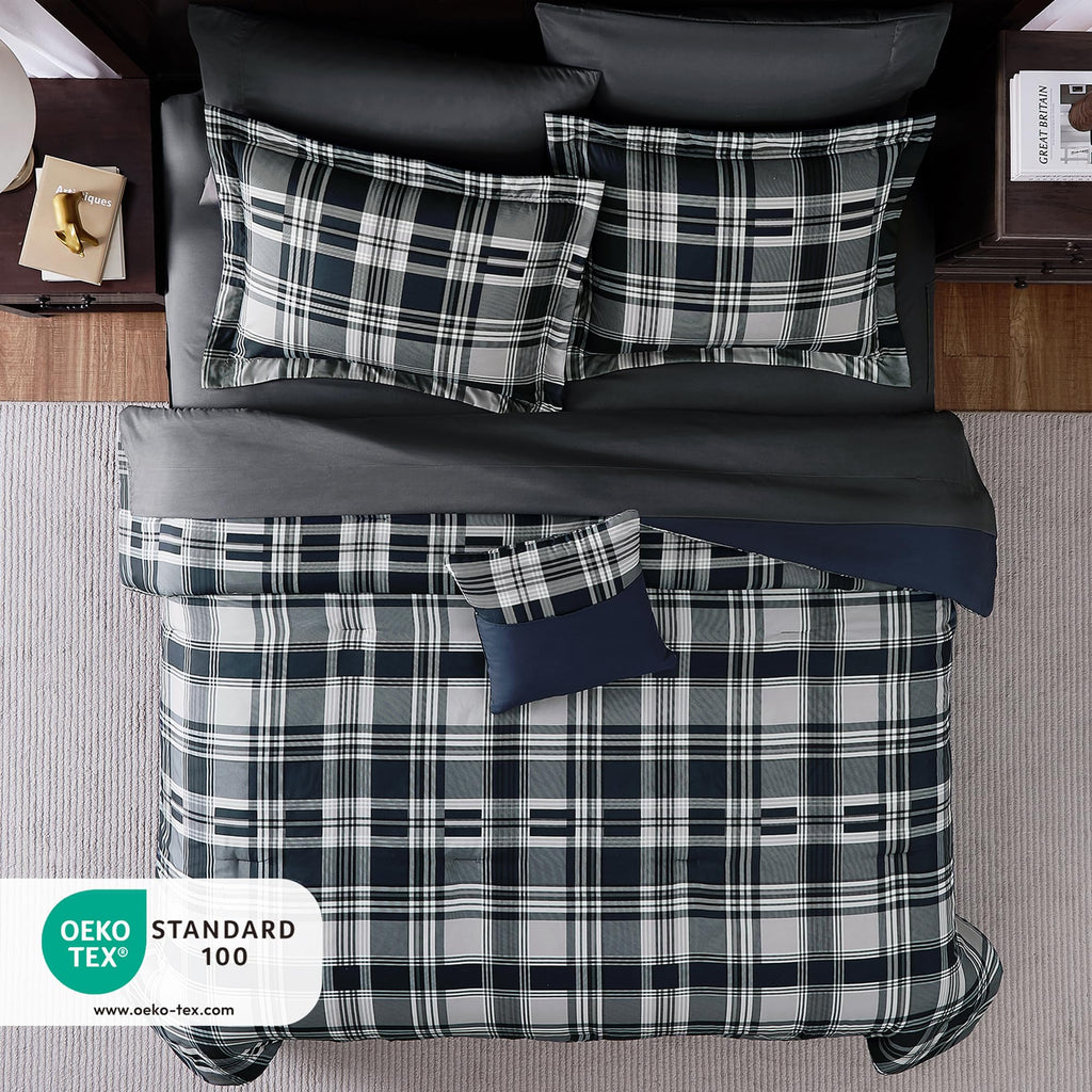 MaiRêve Queen Comforter Set, Classic Plaid Farmhouse Bedding Sets 7 Pieces, Beige All Season Bed in A Bag with Sheets, Pillowcases & Shams