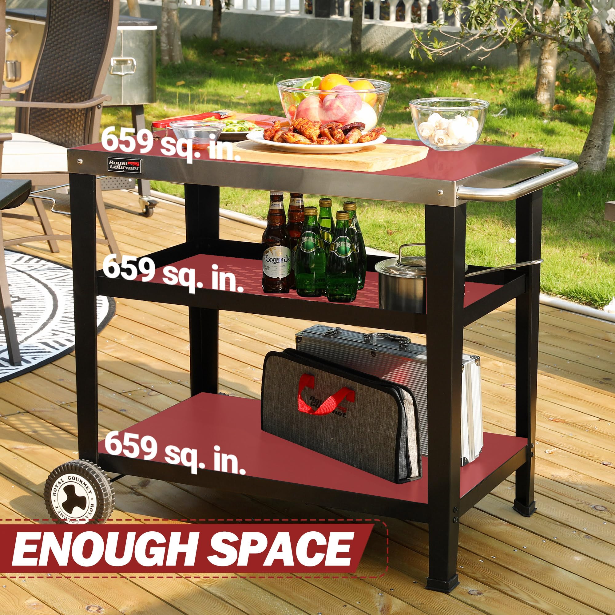 Royal Gourmet PC3404S Rolling Dining Table with Trash Bag Holder, Outdoor Garden Patio BBQ Kitchen Food Prep Table Cart, 34"L x 20"W Stainless Steel Tabletop, Silver & Black