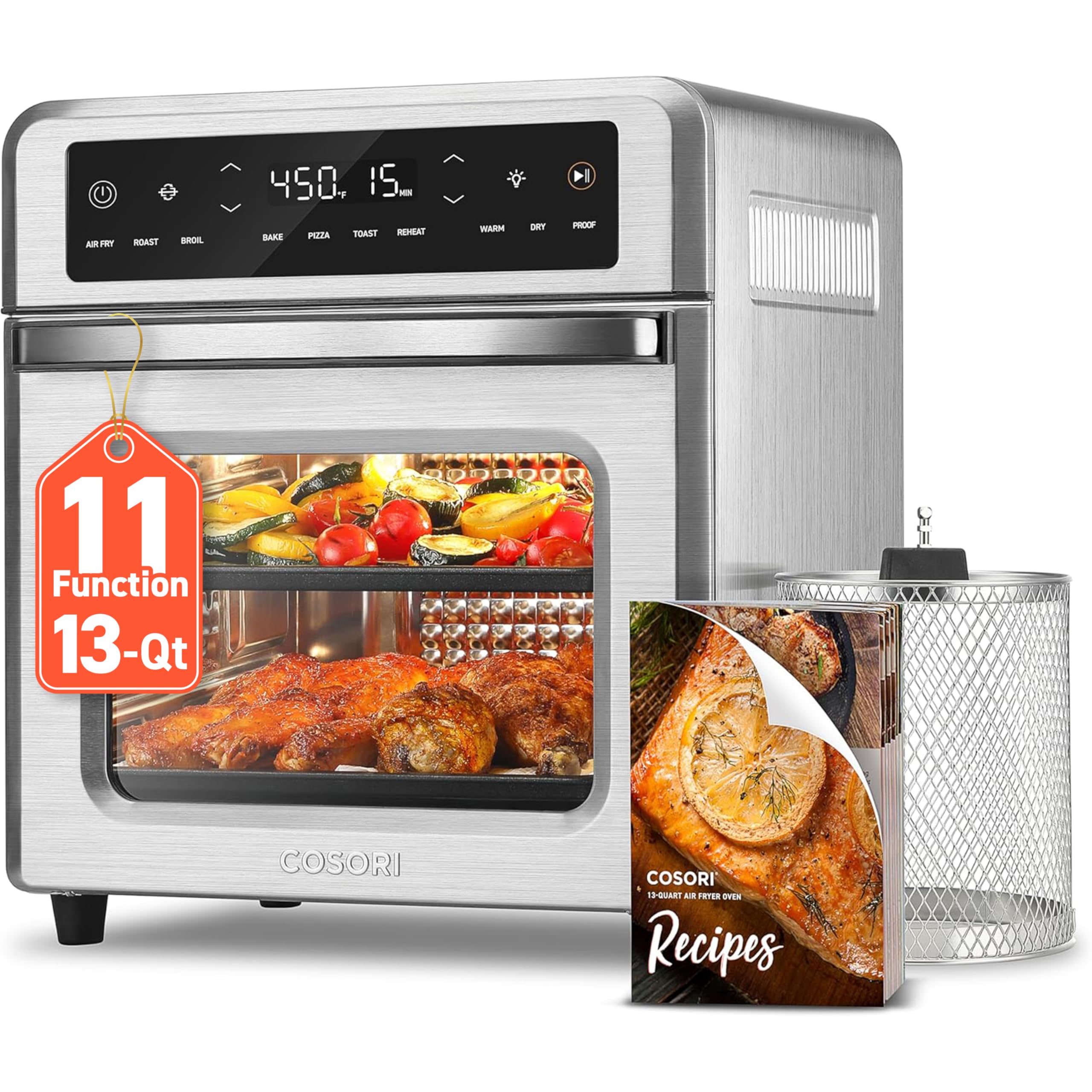 Cosori 11-in-1 Air Fryer Oven, 13Qt Small Footprint Airfryer combo with Rotisserie, Toast, Bake, Roast, Reheat Functions and more, Recipe Book & 6 Accessories Included, Perfect for Small Contertop