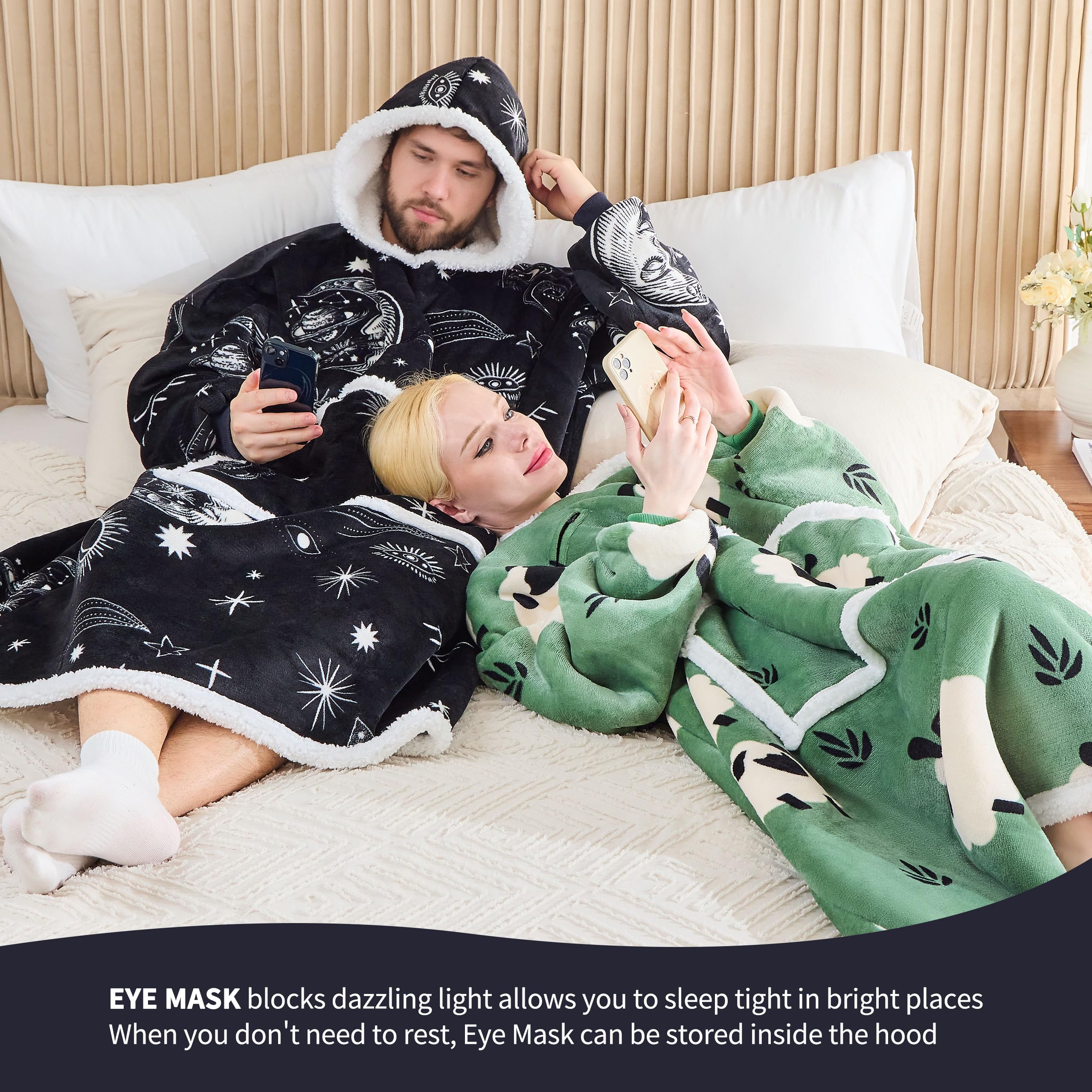 IFNOW Wearable Blanket Hoodie, Oversized Sherpa Fleece Hooded Sweatshirt with Eye Mask, Cozy and Giant Blanket Hoodie with Sleeves Extra Long for Adults Men Women, Black