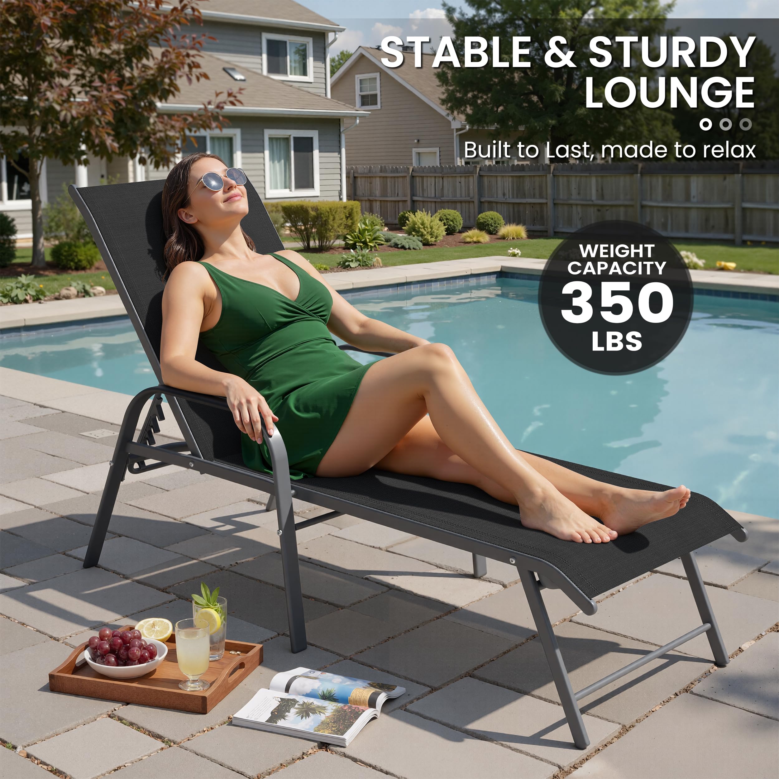 Crestlive Products Chaise Lounge Chair Outdoor with Armrests, Pool Lounge Chairs Set of 2, Aluminum Adjustable 5 Positions Sun Tanning Lounger for Patio, Poolside, Yard, Deck, Backyard (Beige)