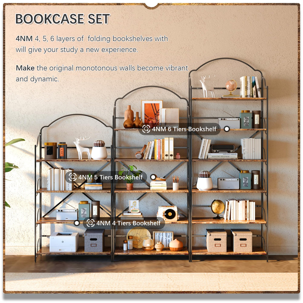 4NM No Assembly Folding Bookshelf, 3 Tiers Collapsible Book Shelves Open Industrial Foldable Storage Bookcase Shelf for Bedroom, Living Room, Home Office - Natural and White