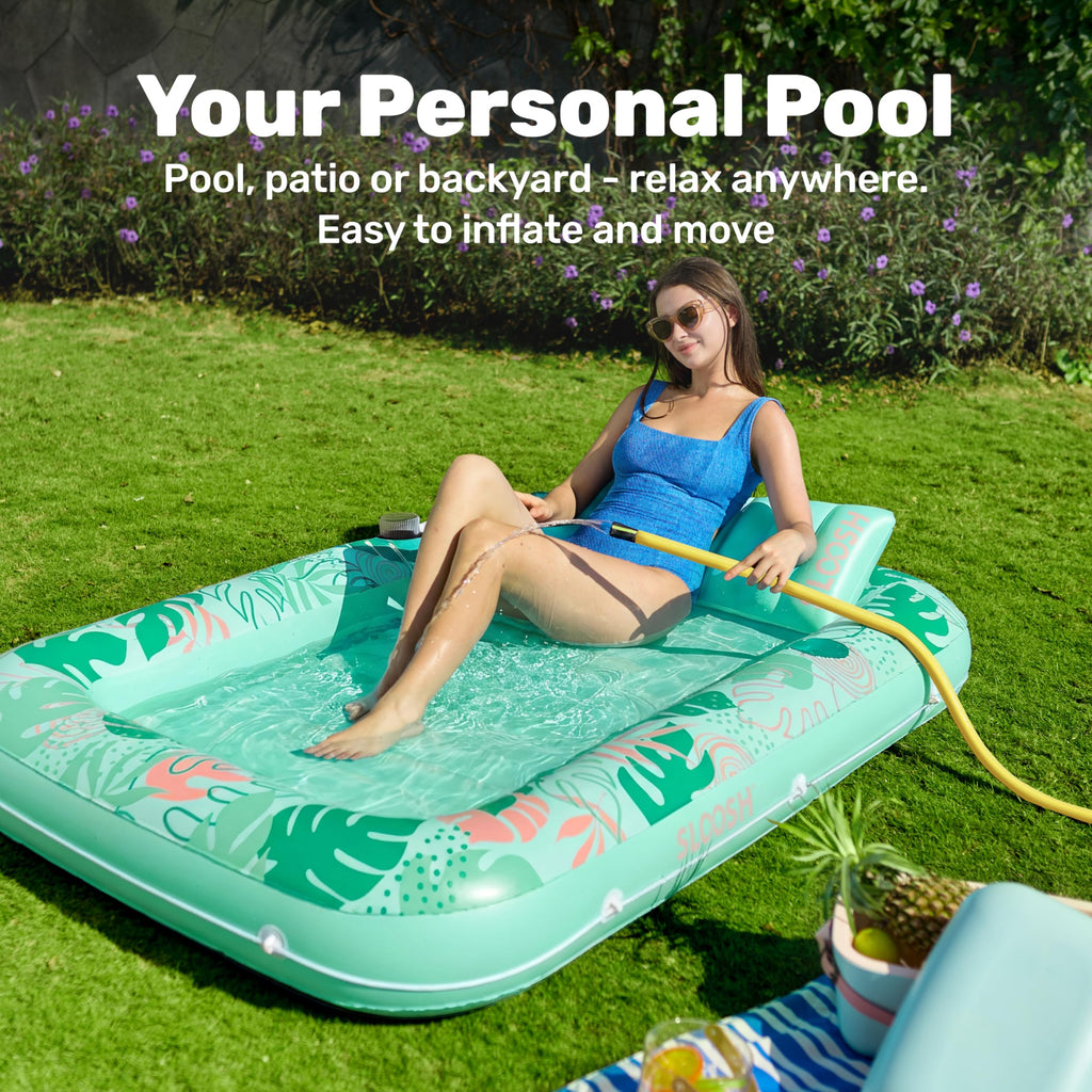 SLOOSH Inflatable Tanning Pool Lounger Float, 85" x 57" Extra Large Pool Floats Adult with Pillow, 4 in 1 Suntan Tub Raft Floatie,Sunbathing Bed Lounge for Water Blow Up Ball Pit Party Gifts, XL-Blue