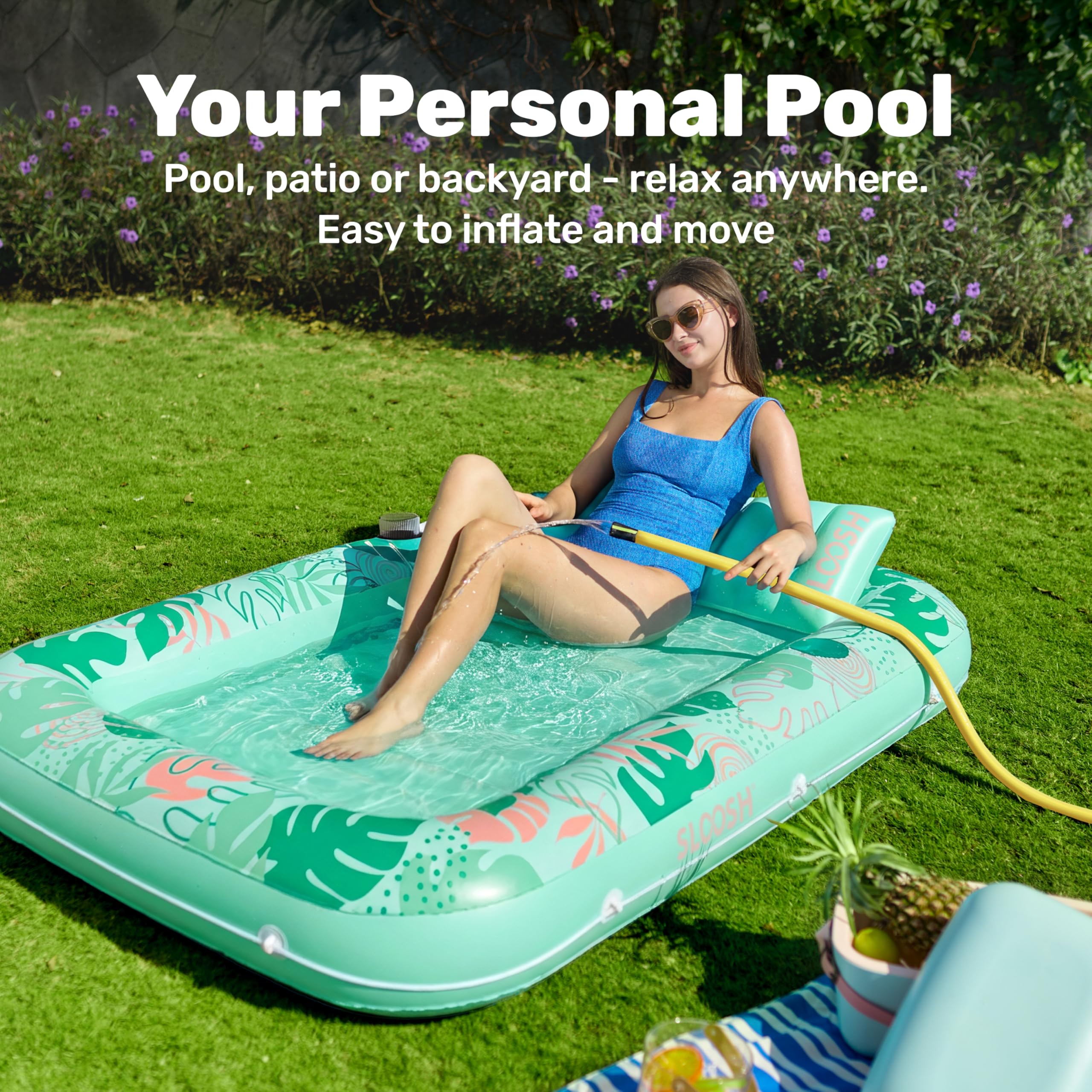 SLOOSH Inflatable Tanning Pool Lounger Float, 85" x 57" Extra Large Pool Floats Adult with Pillow, 4 in 1 Suntan Tub Raft Floatie,Sunbathing Bed Lounge for Water Blow Up Ball Pit Party Gifts, XL-Blue