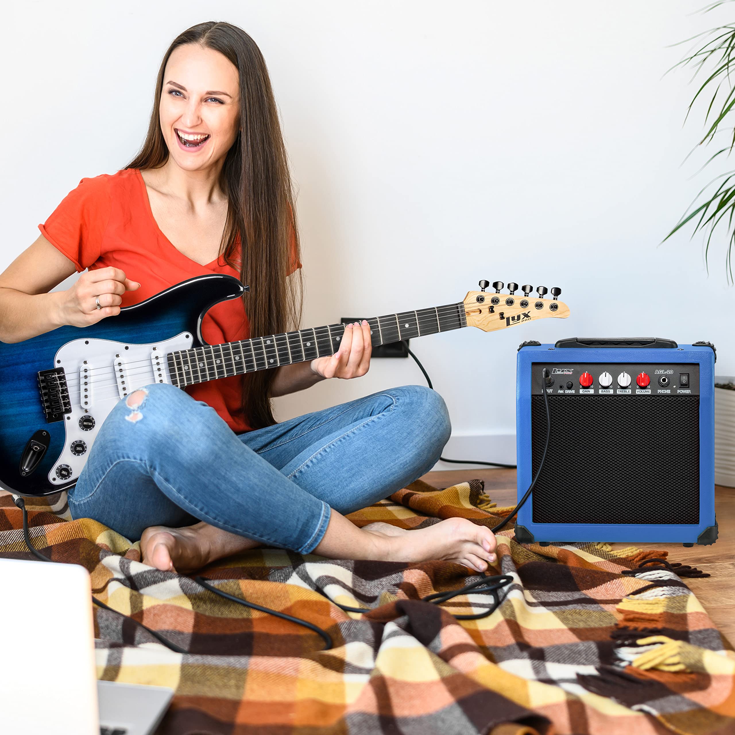 LyxPro Electric Guitar Amp 20 Watt Amplifier Built in Speaker Headphone Jack and Aux Input Includes Gain Bass Treble Volume and Grind - Black
