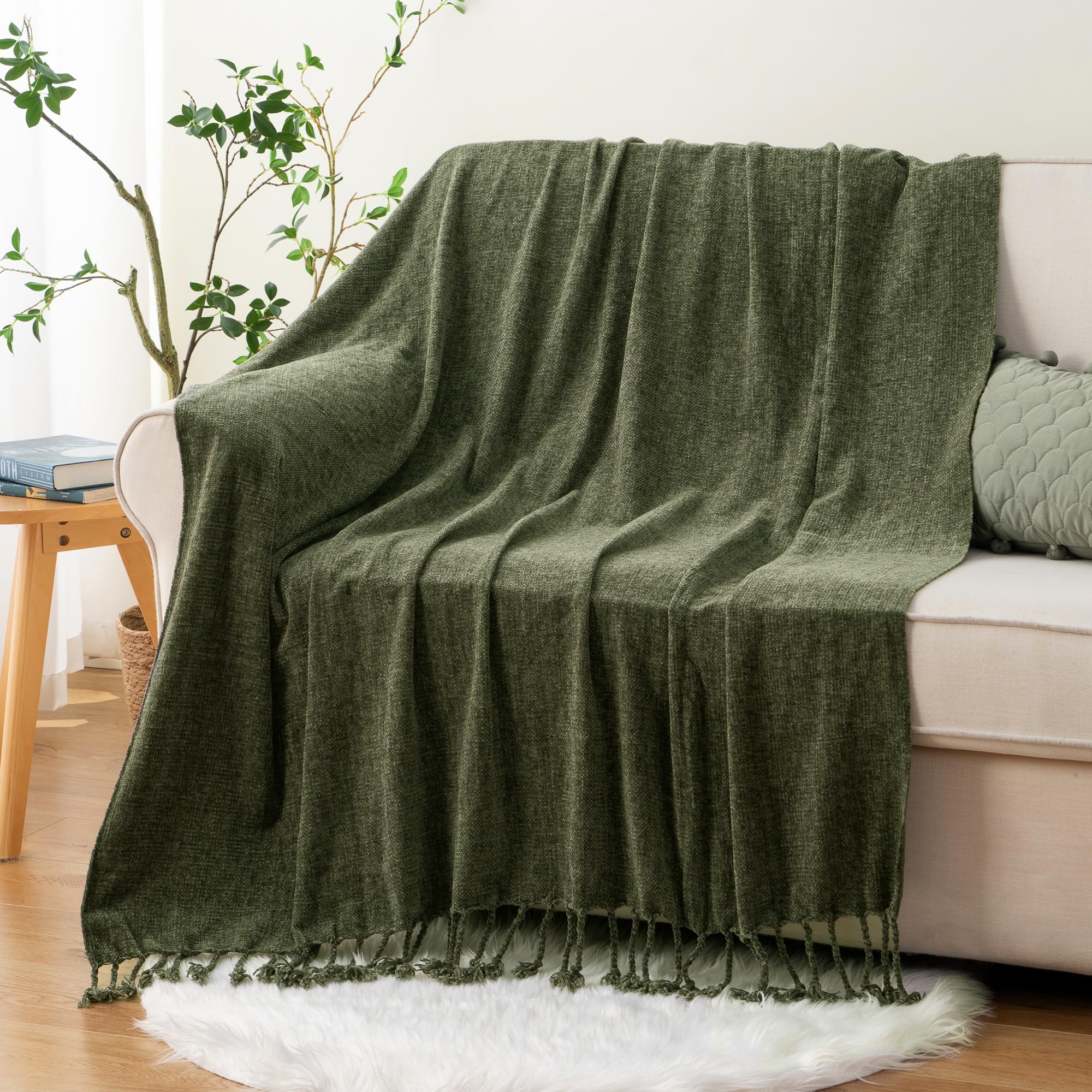 BATTILO HOME Beige Chenille Throw Blanket for Couch, Soft Cozy Textured Knit Throw Blanket with Handmade Fringe Tassels, Lightweight Decorative Farmhouse Blanket for Sofa Bed Chair, 50"x60"