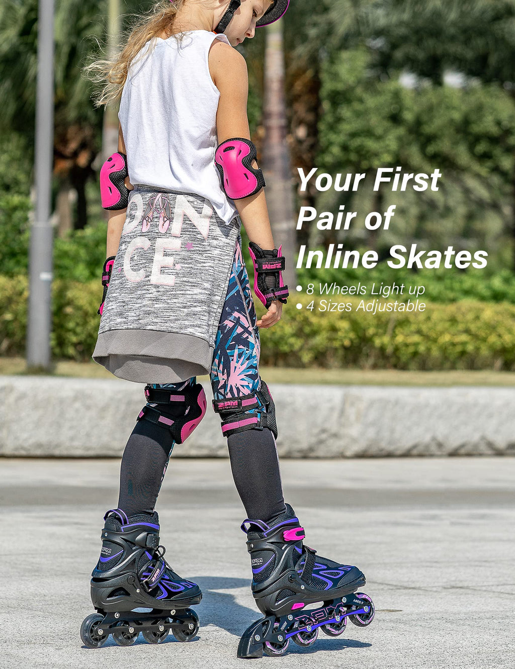 2PM SPORTS Vinal Girls Adjustable Flashing Inline Skates, All Wheels Light Up, Fun Illuminating Skates for Kids Men Adult Women and Boys