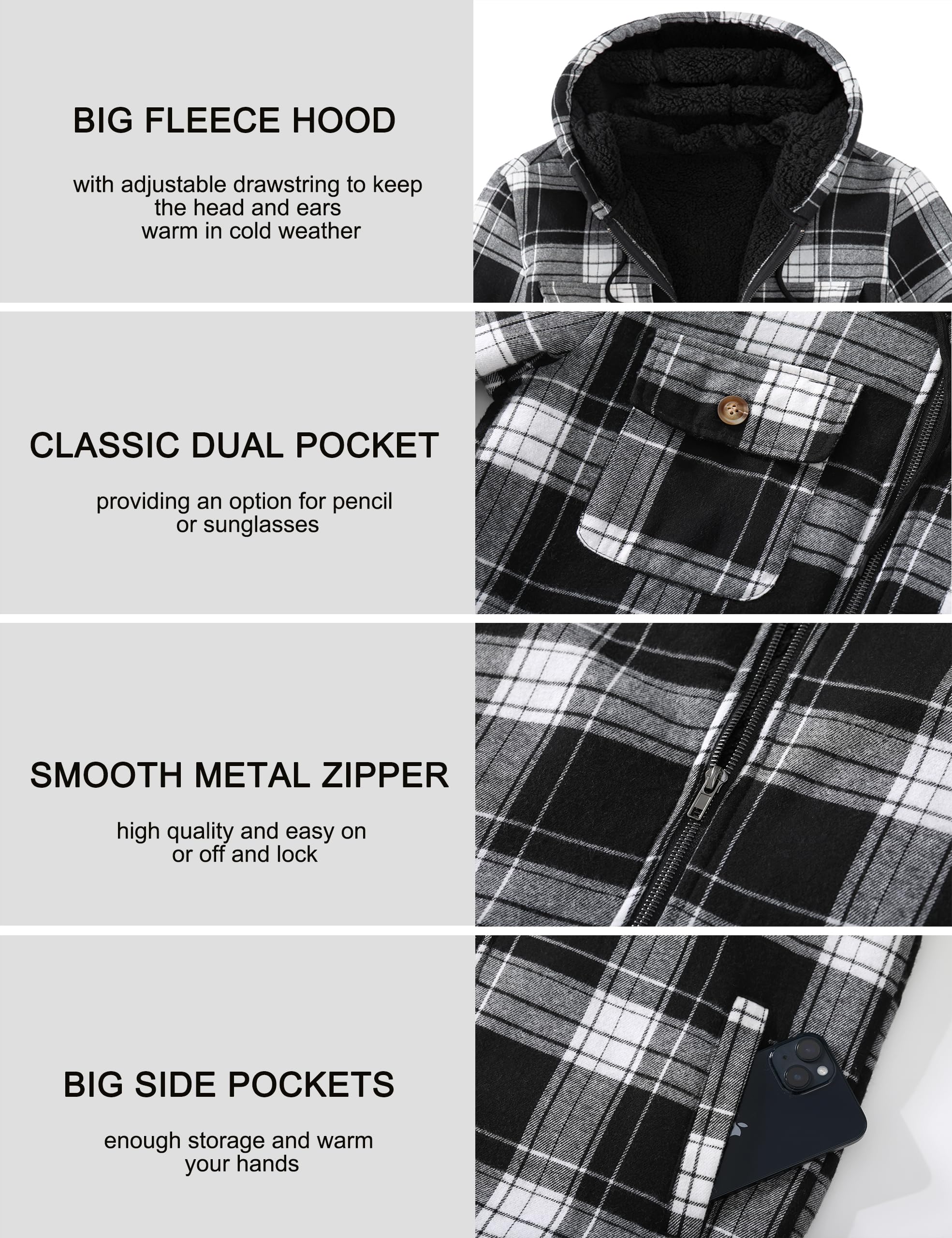 Men's Flannel Plaid Hooded Jackets Full Zip Sherpa Fleece Lined Hoodies Fashion Warm Coat