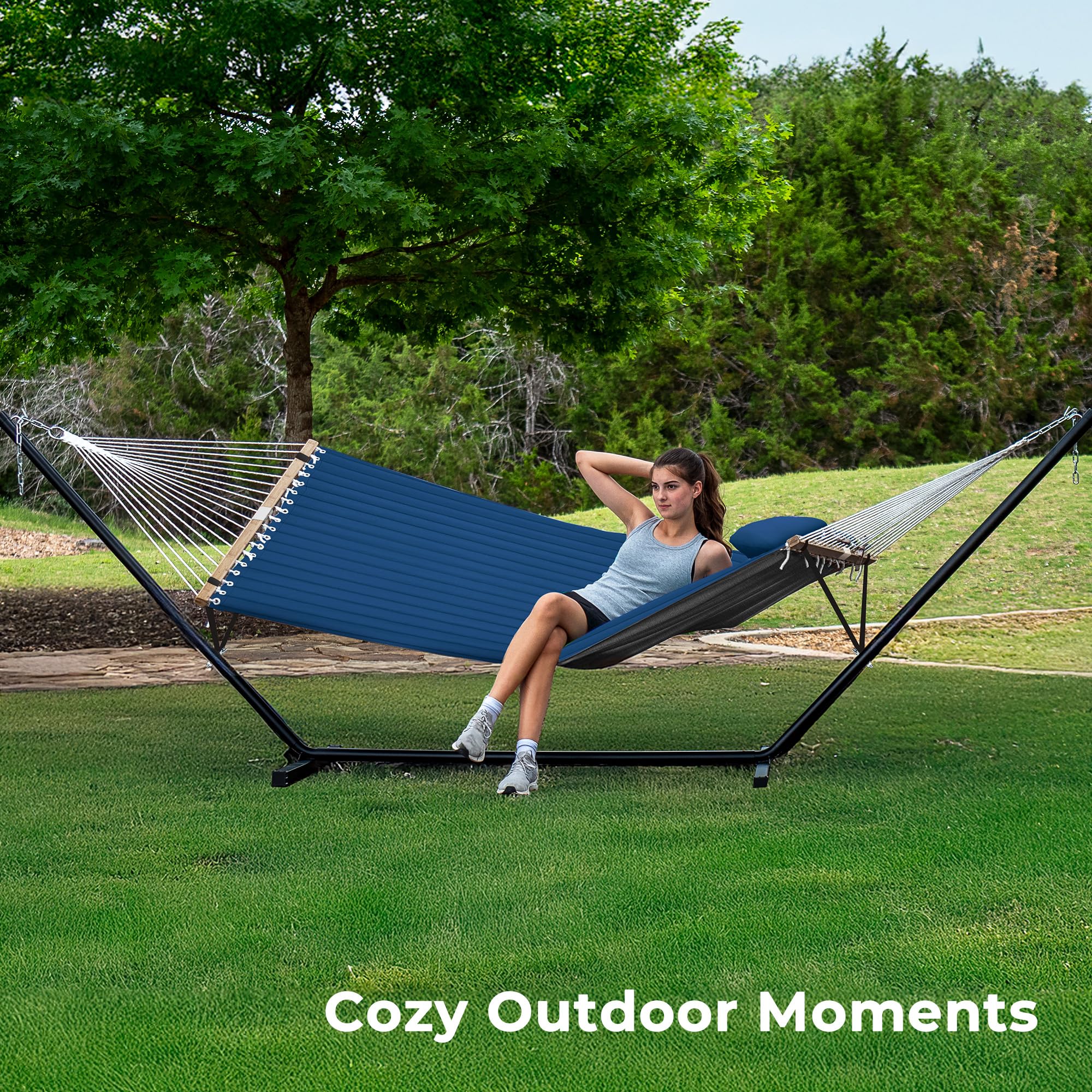 SUPERJARE Hammock with Stand, 2 Person Quilted Outdoor Hammock, Detachable Pillow & Bamboo Spreaders, Portable Hammock with Carrying Bag, Heavy Duty Stand, Perfect for Outside, Patio, Aqua Blue