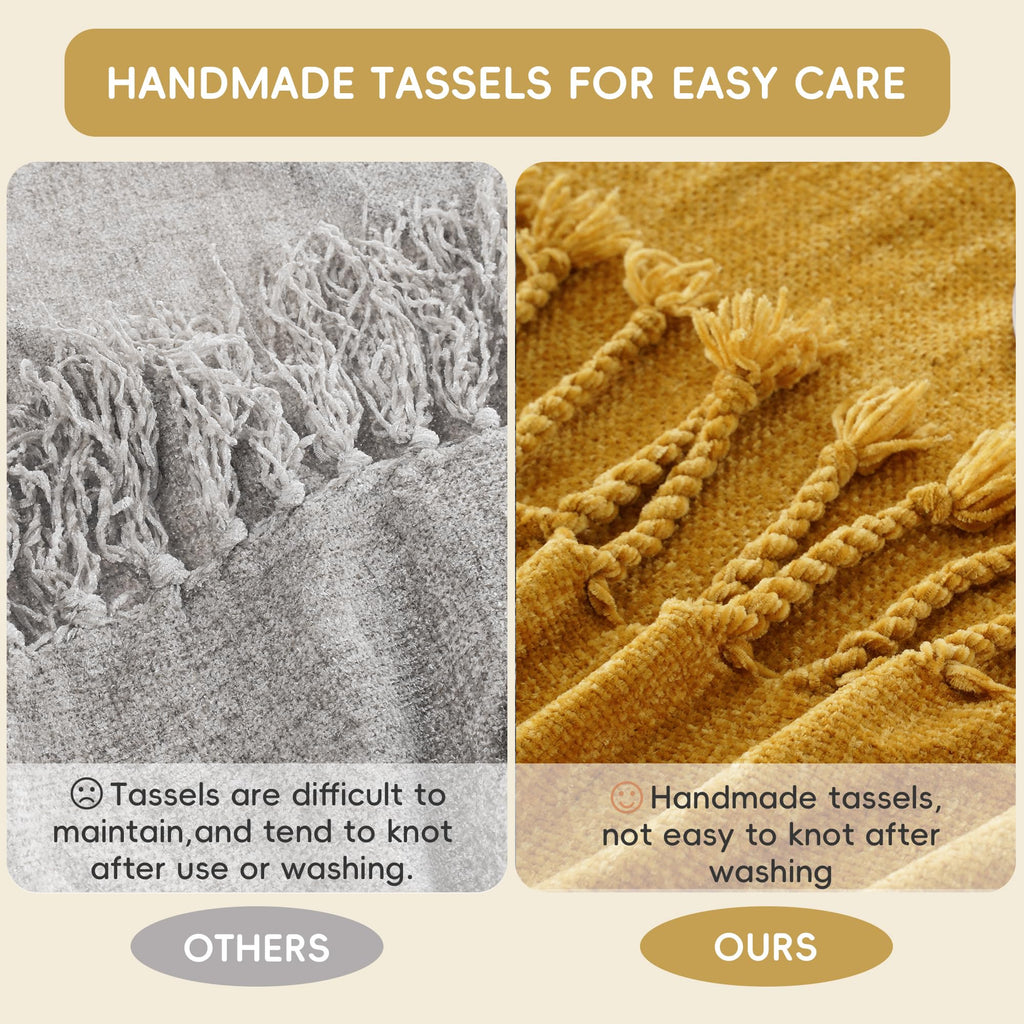 BATTILO HOME Beige Chenille Throw Blanket for Couch, Soft Cozy Textured Knit Throw Blanket with Handmade Fringe Tassels, Lightweight Decorative Farmhouse Blanket for Sofa Bed Chair, 50"x60"