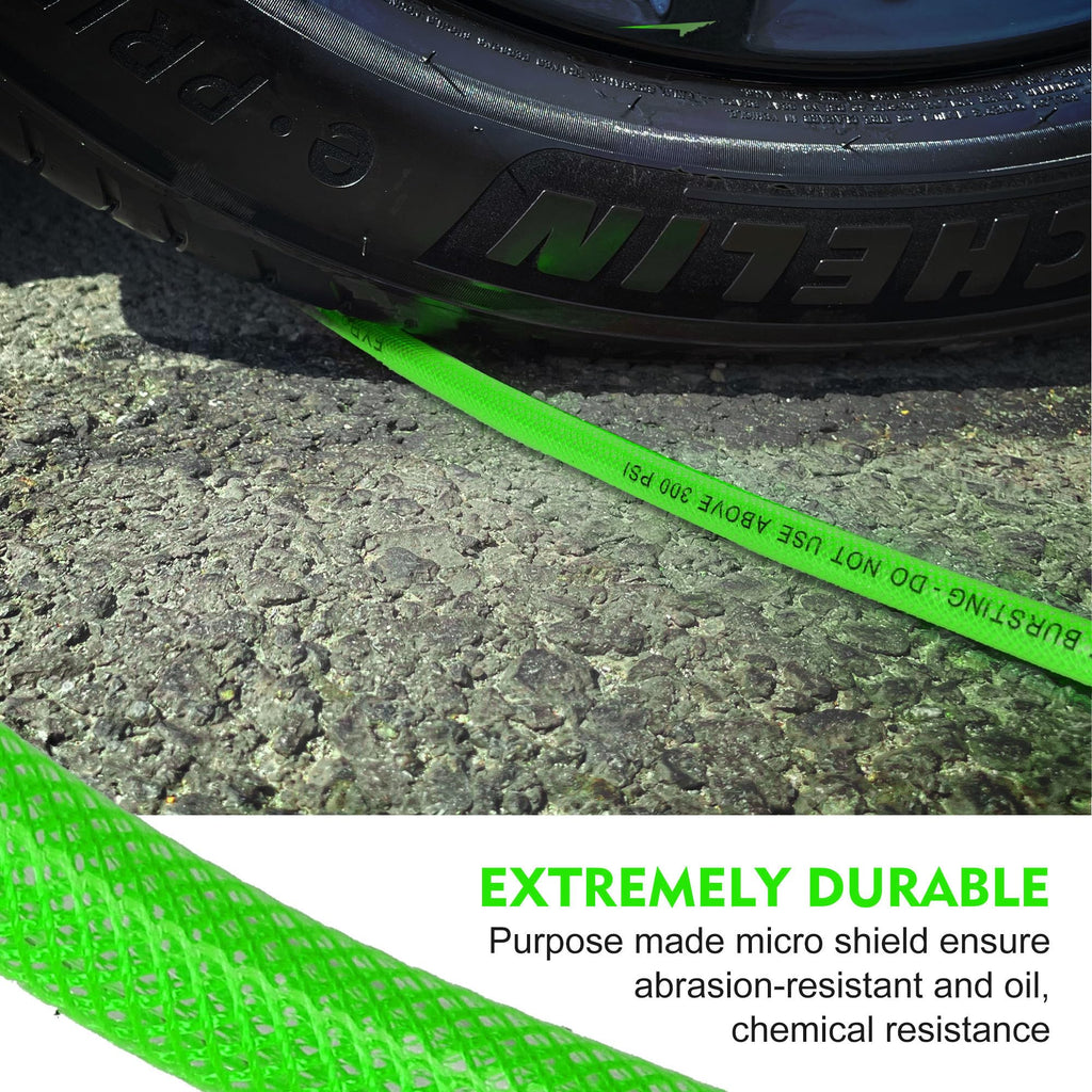 Air Compressor Hose 1/4 Inch x 25 Feet Reinforced Polyurethane (PU) Air Hose with Fittings, Bend Restrictors, 1/4" Industrial Quick Coupler and Plug Kit, Green