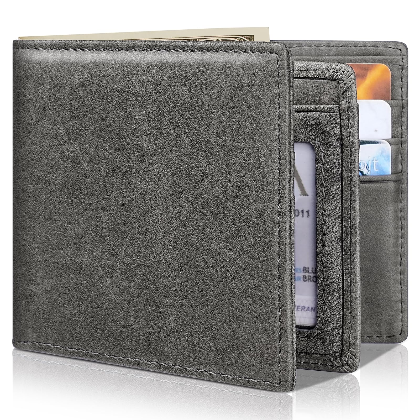 Artpaxy Mens Wallet Genuine Leather Bifold RFID Blocking Wallet for Men with 1 ID Window 13 Card Holders 2 cash pockets 1 Gift Box