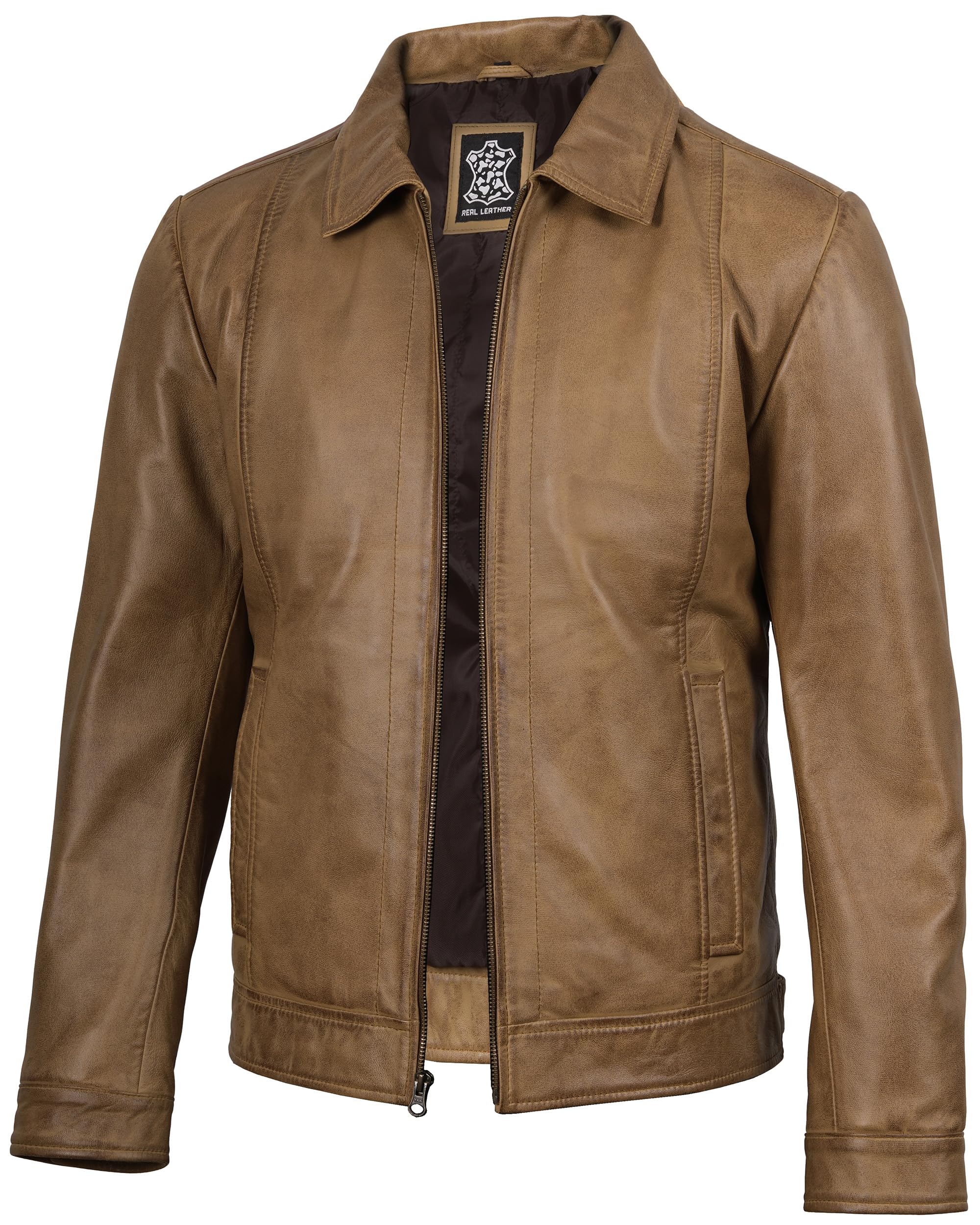 Decrum Vintage Style Mens Leather Jacket - Real Lambskin Classic Shirt Collar Leather Jackets for Men