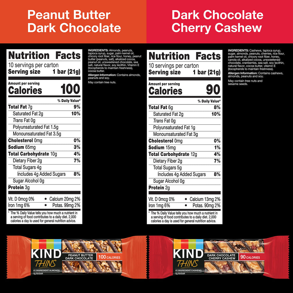 KIND Thins Snack Bars, 2 Flavor Variety Pack, Gluten Free, 100 Calorie, 60 Count, Peanut Butter Dark Chocolate & Dark Chocolate Cherry Cashew