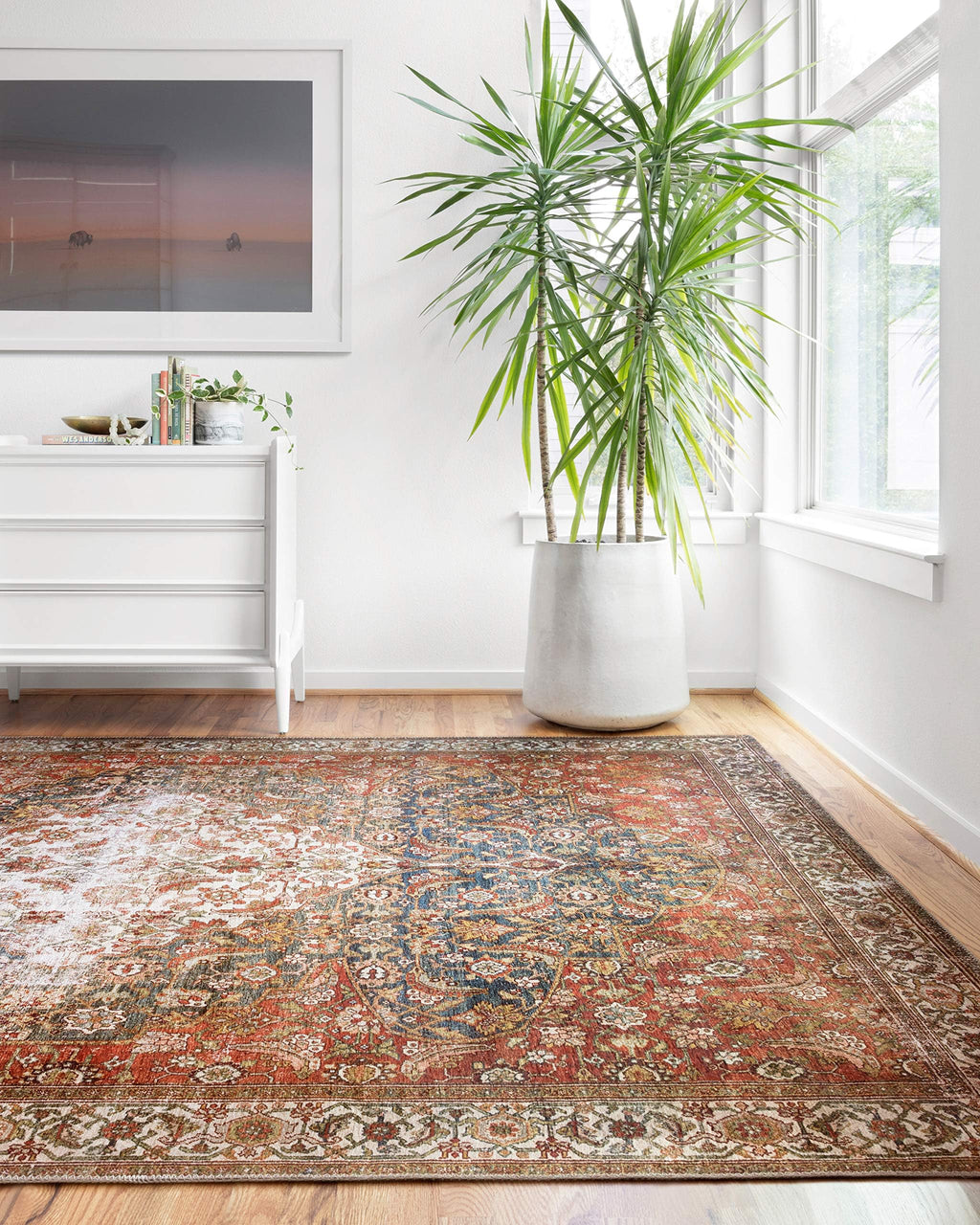 Loloi Layla Collection LAY-07 Blue/Tangerine 2'-3" x 3'-9" .13" Thick Accent Rug, Soft, Durable, Vintage Inspired, Distressed, Low Pile, Non-Shedding, Easy Clean, Printed, Living Room Rug